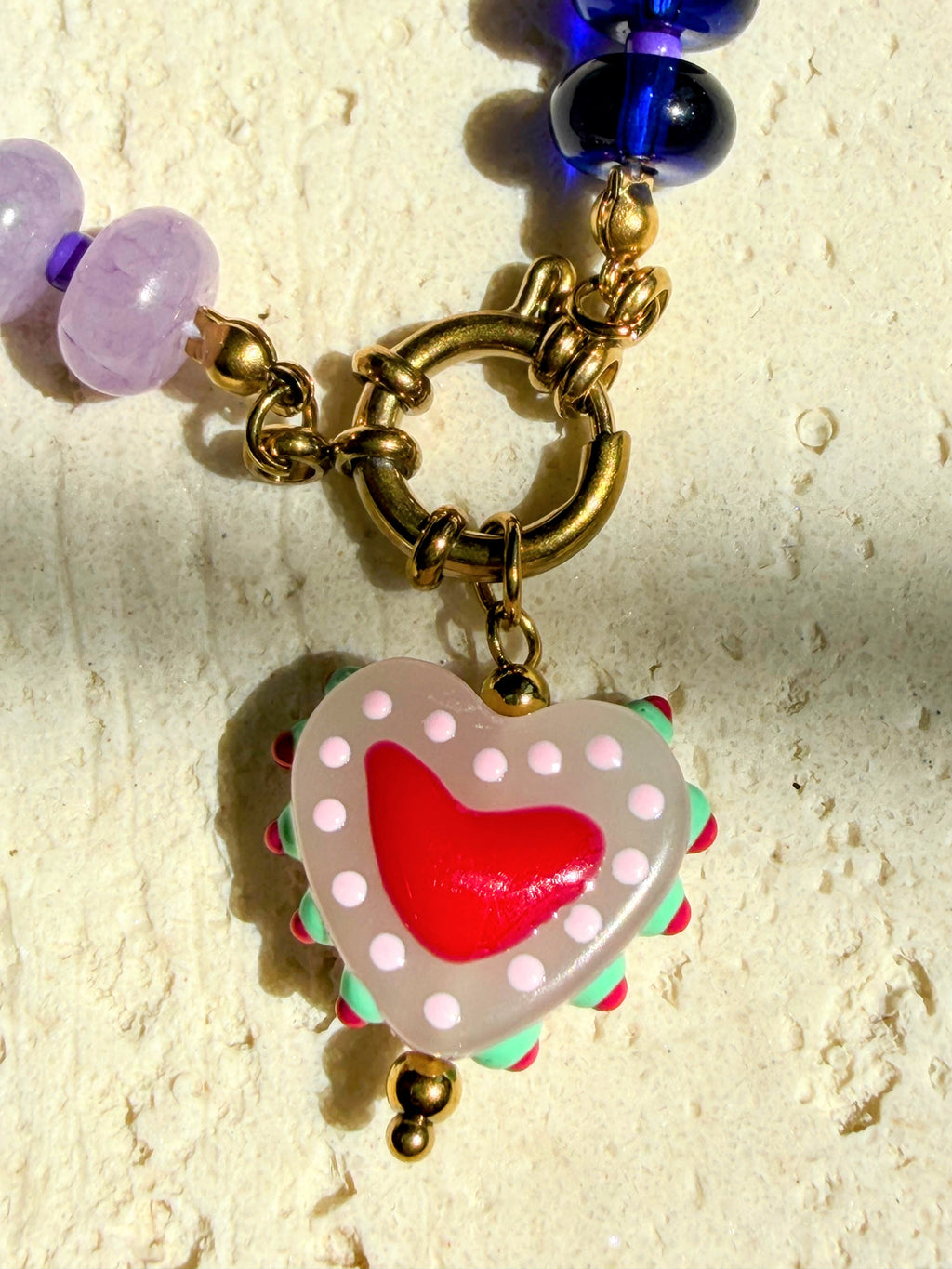 Rainbow Bead Necklace with Pink Heart Pendant