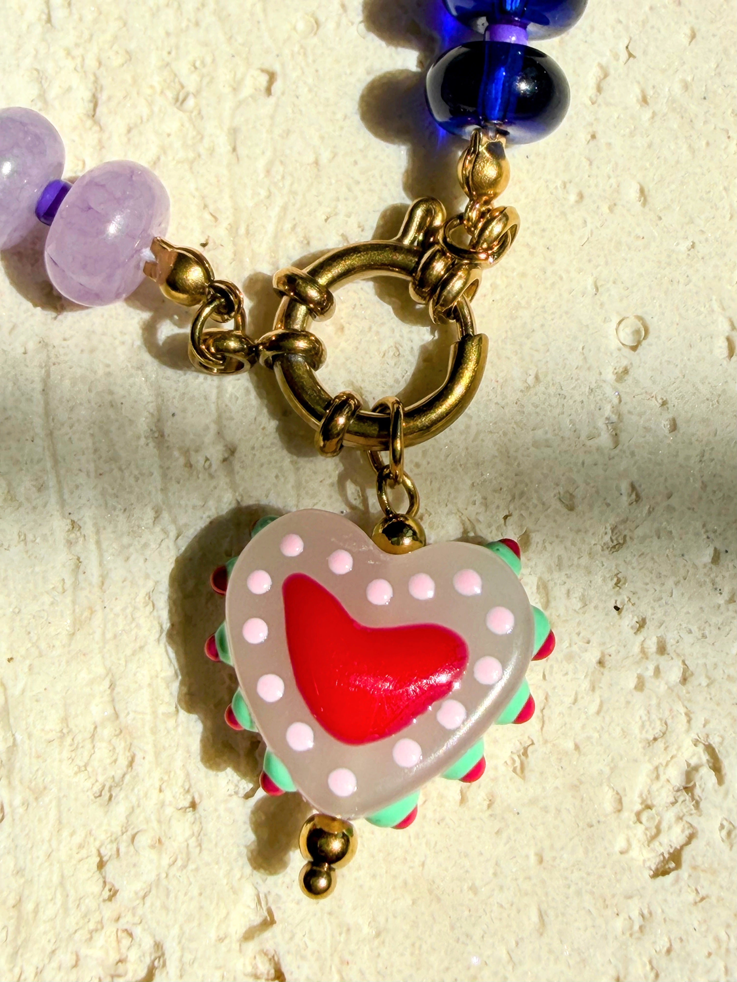 Rainbow Bead Necklace with Pink Heart Pendant
