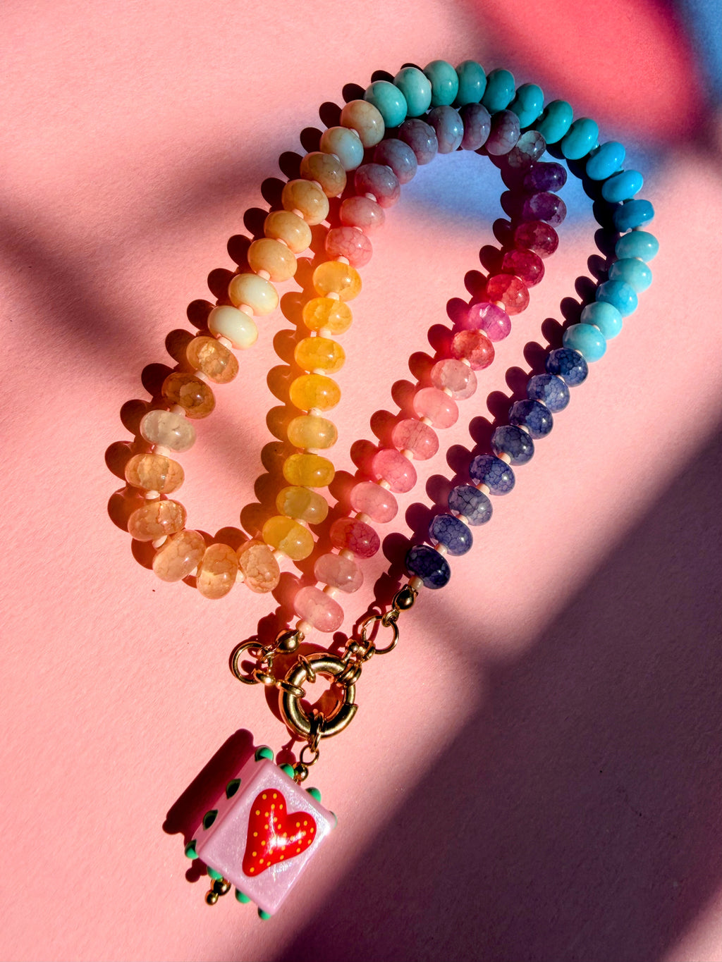 Rainbow Bead Necklace with Strawberry Heart Necklace