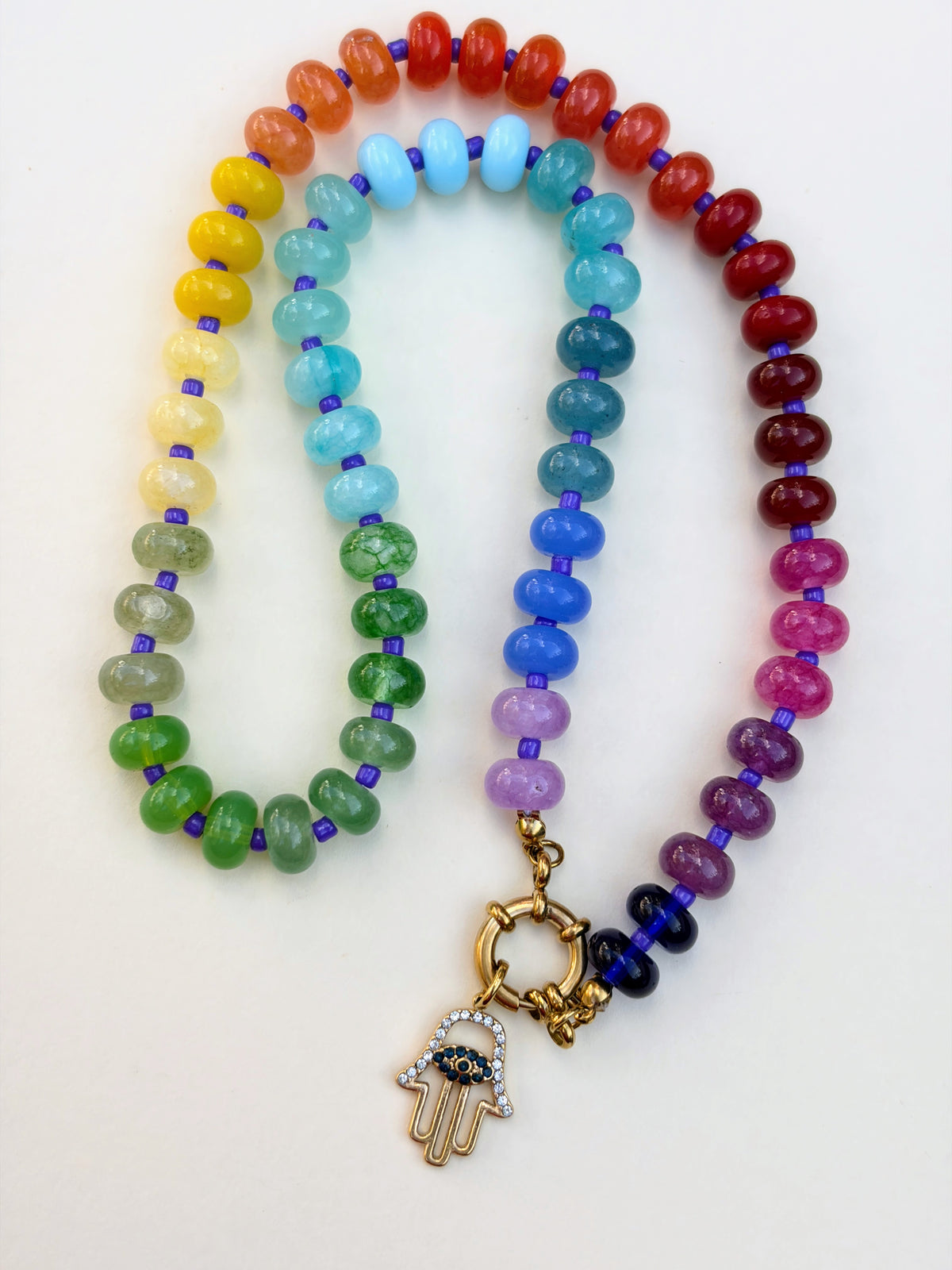 Rainbow Bead Hamza Charm Necklace
