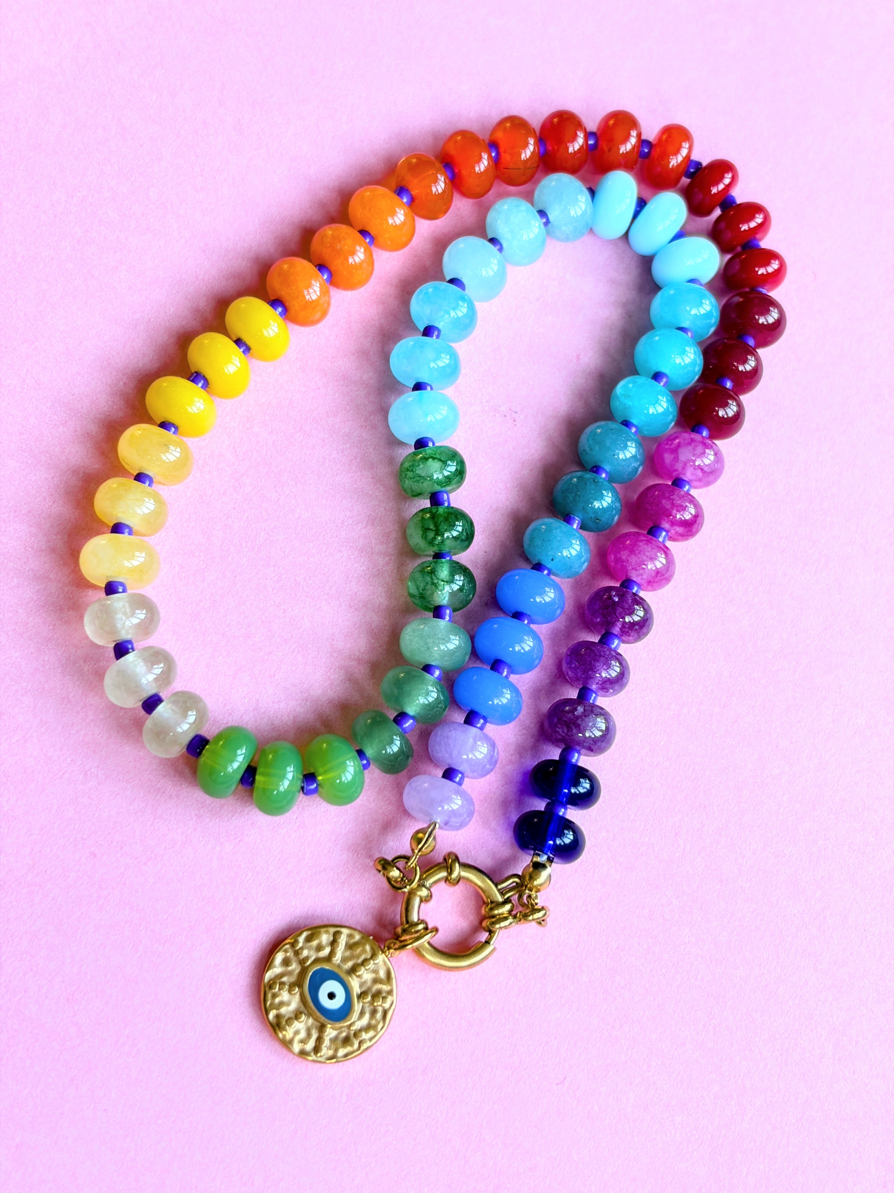 Rainbow Bead Evil Eye Necklace