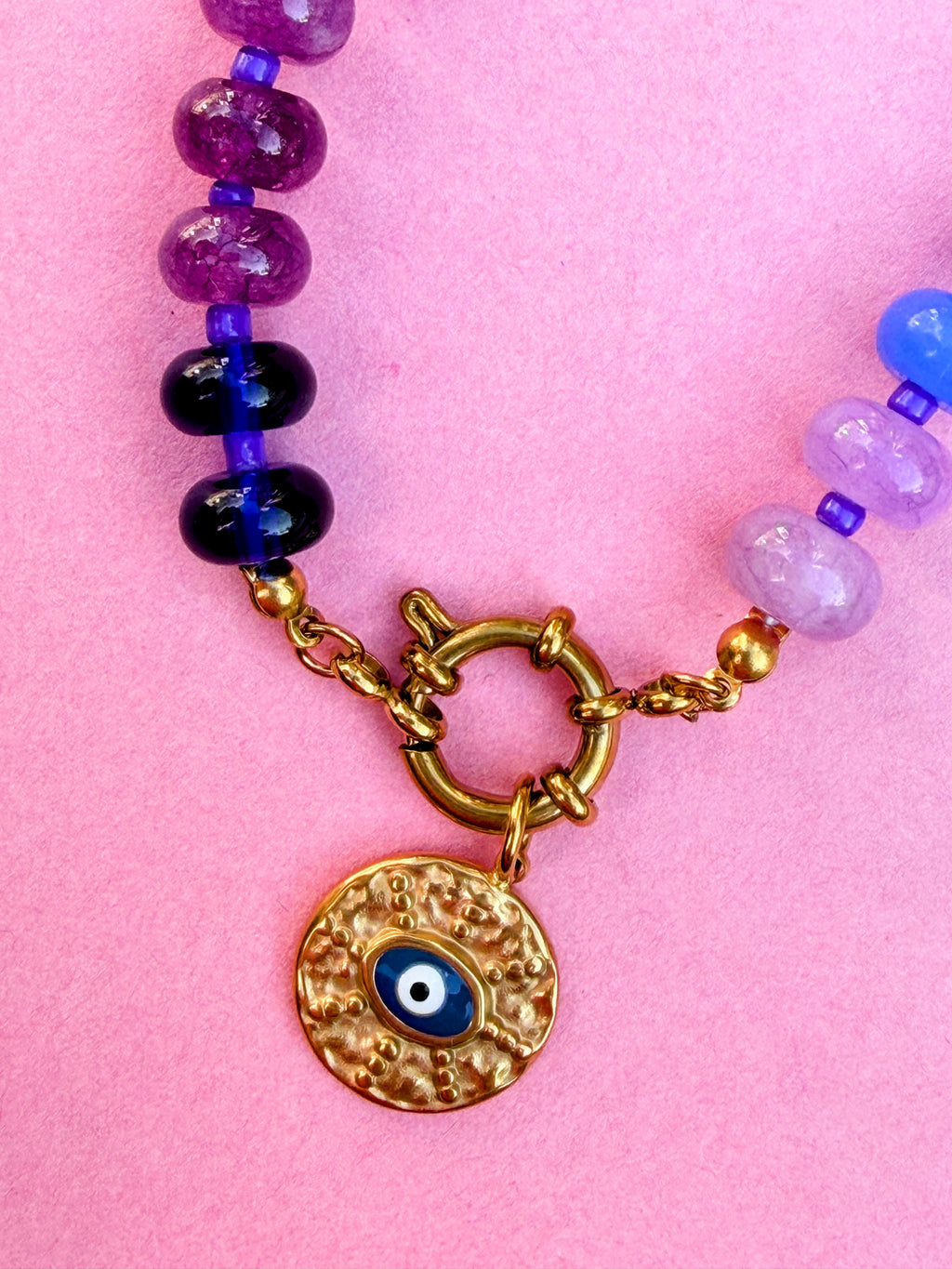 Rainbow Bead Hamza Charm Necklace