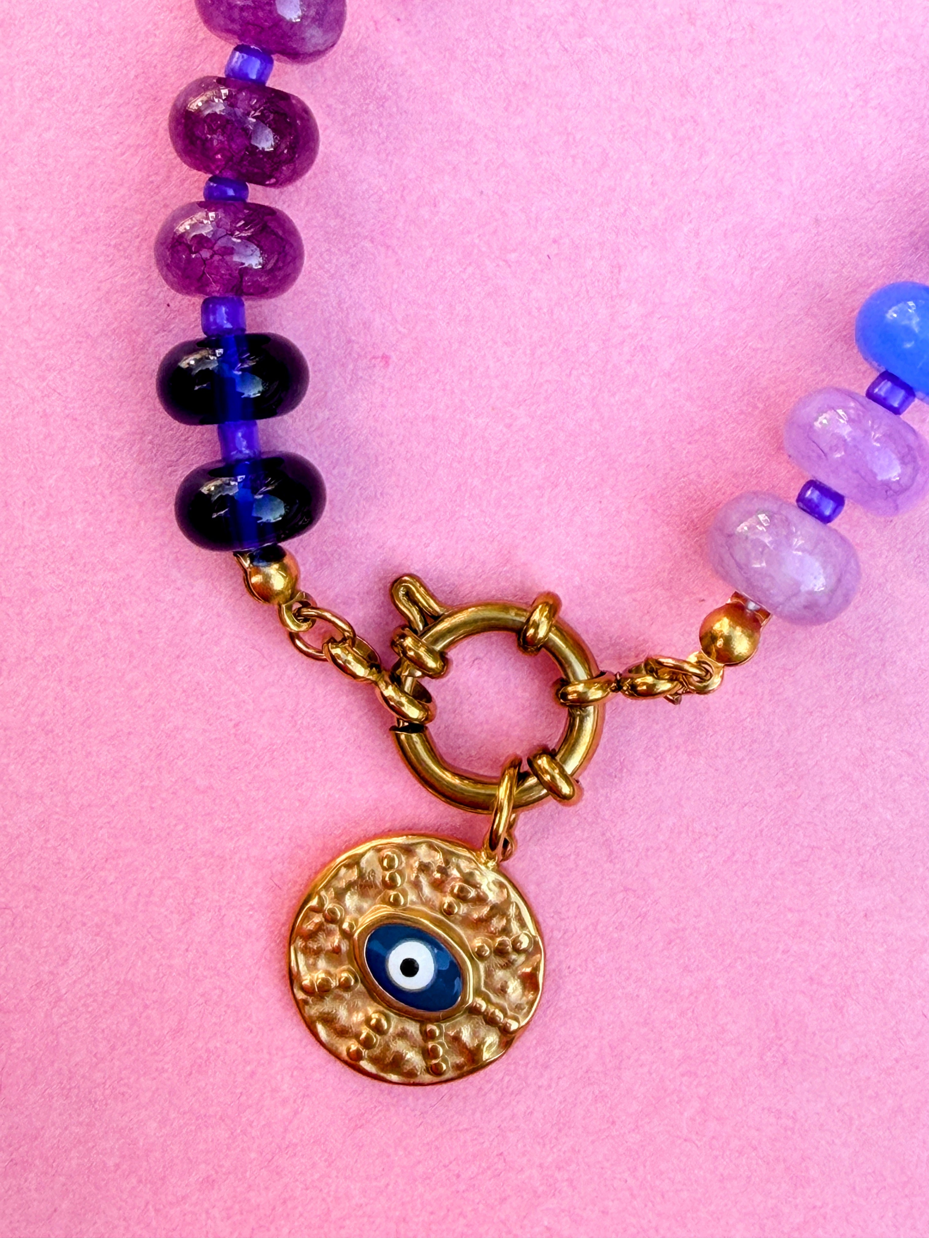 Rainbow Bead Hamza Charm Necklace
