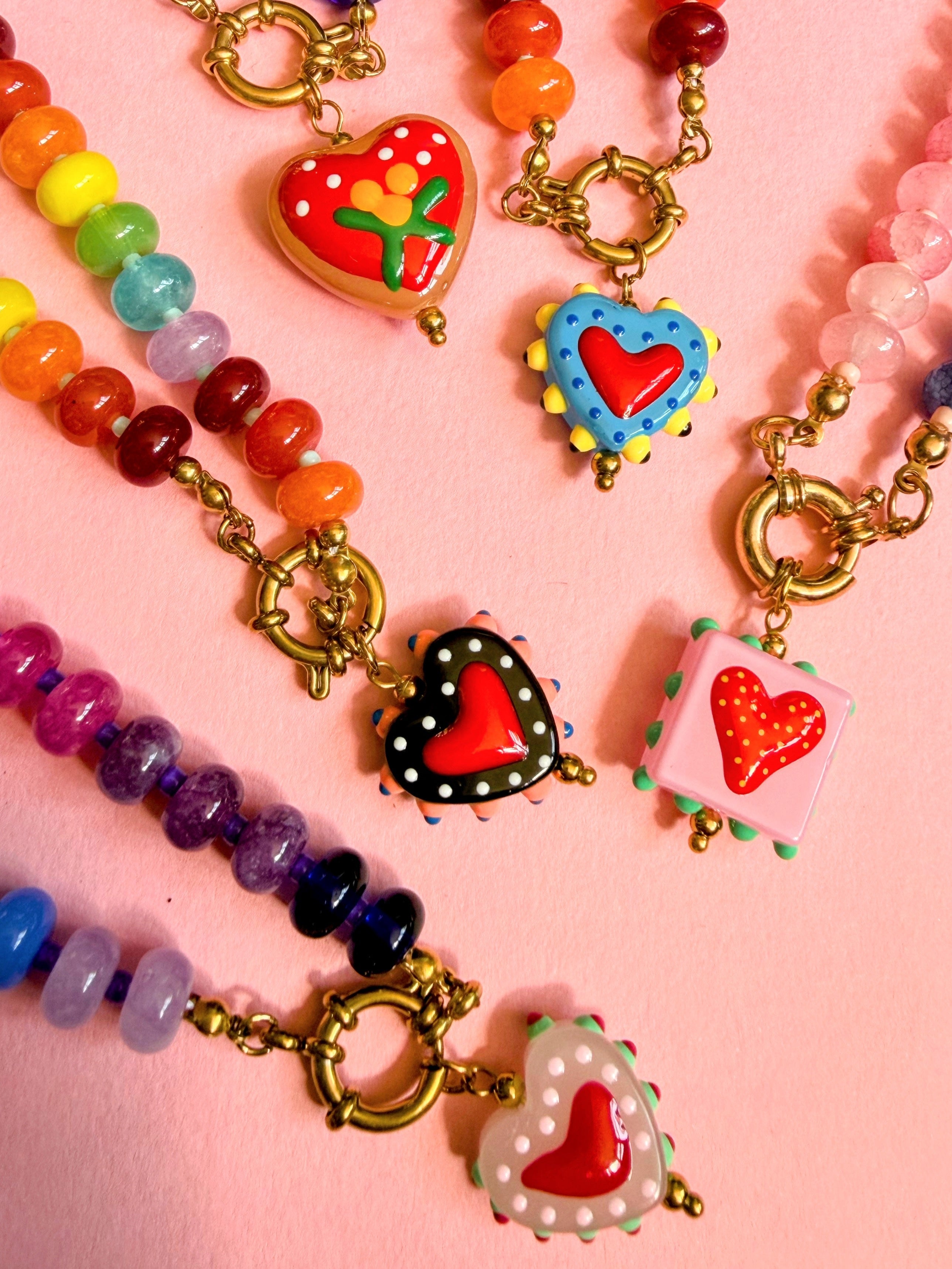 Rainbow Bead Necklace with Strawberry Heart Necklace