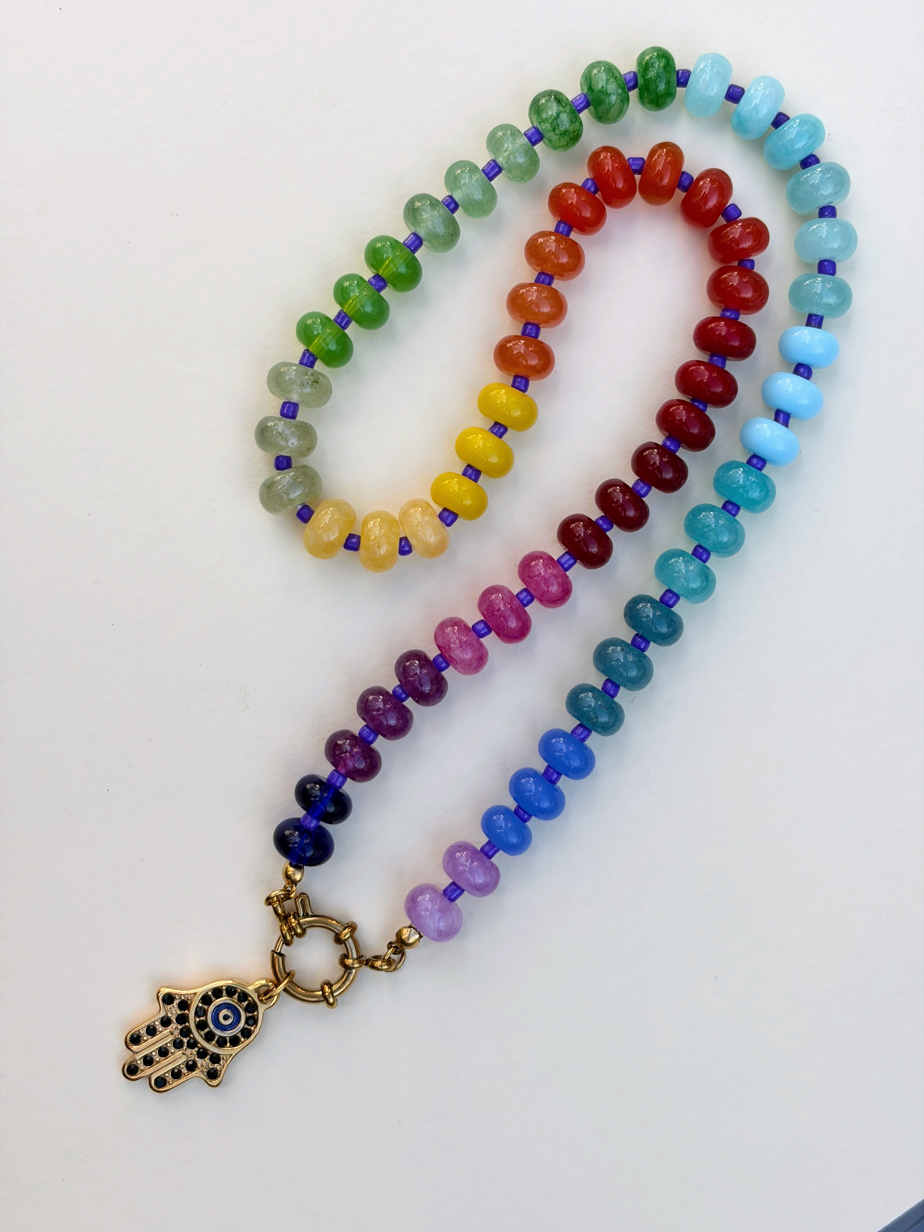 Rainbow Bead Hamza Charm Necklace