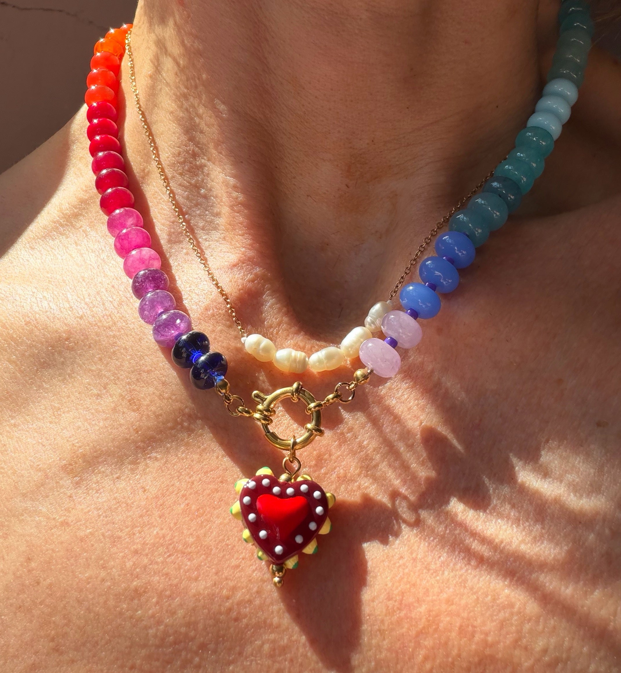 Rainbow Bead Necklace with Heart Pendant