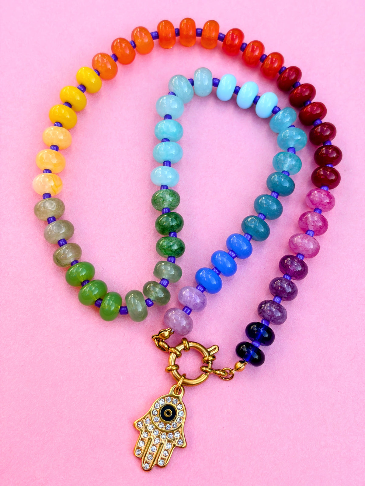 Rainbow Bead Hamza Charm Necklace