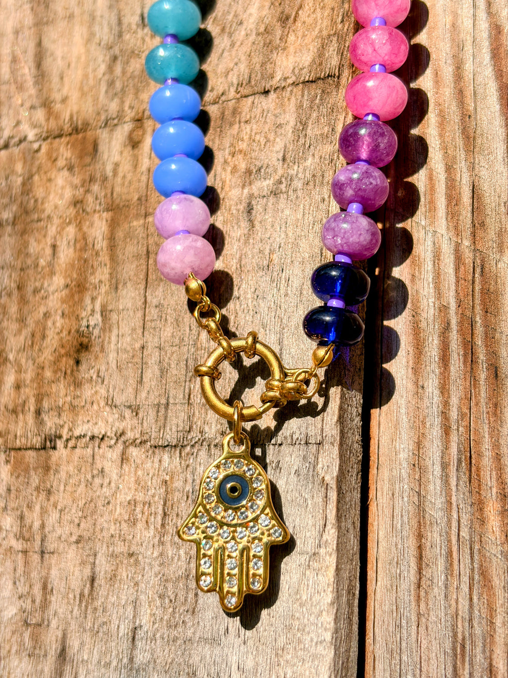 Rainbow Bead Hamza Charm Necklace
