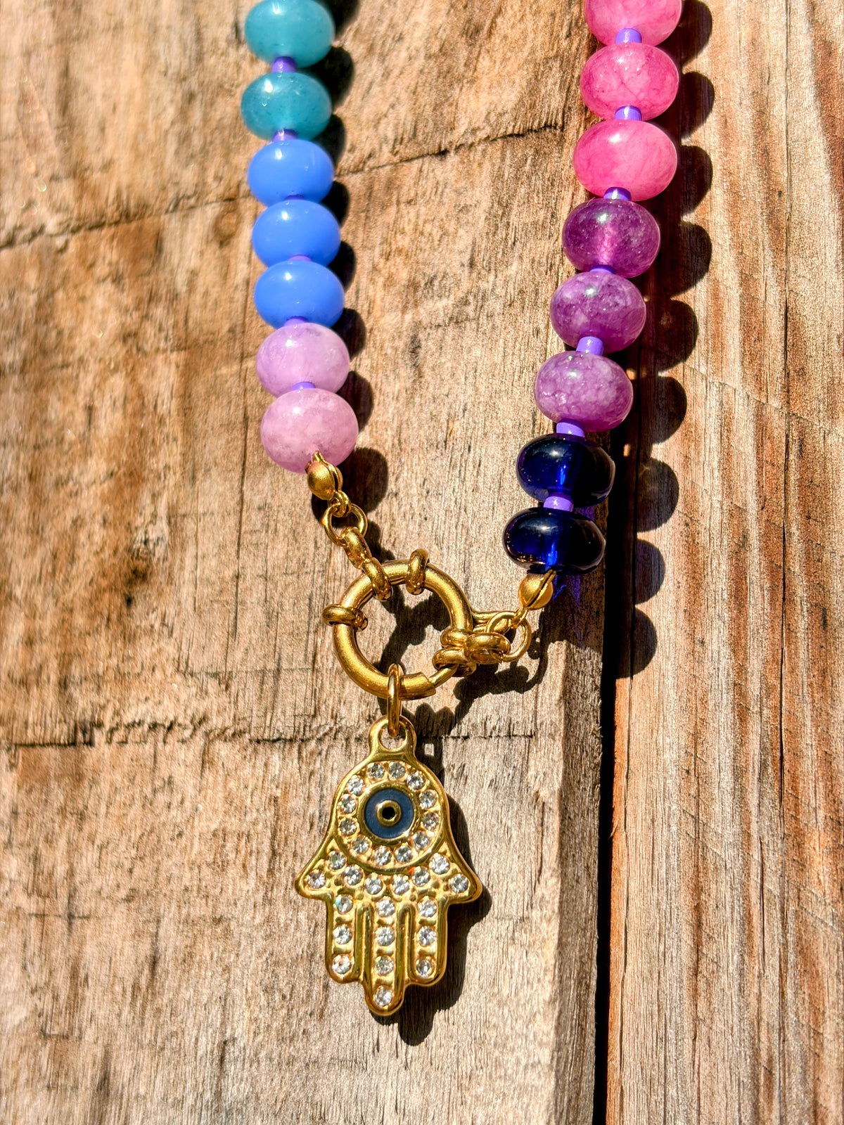Rainbow Bead Hamza Charm Necklace