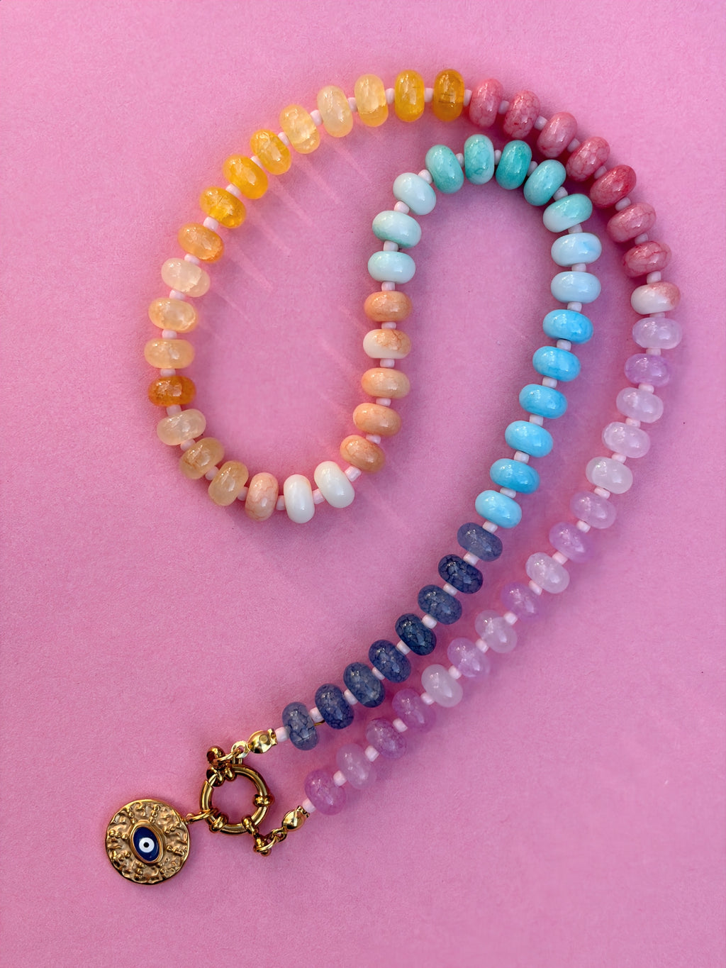 Rainbow Bead Evil Eye Necklace
