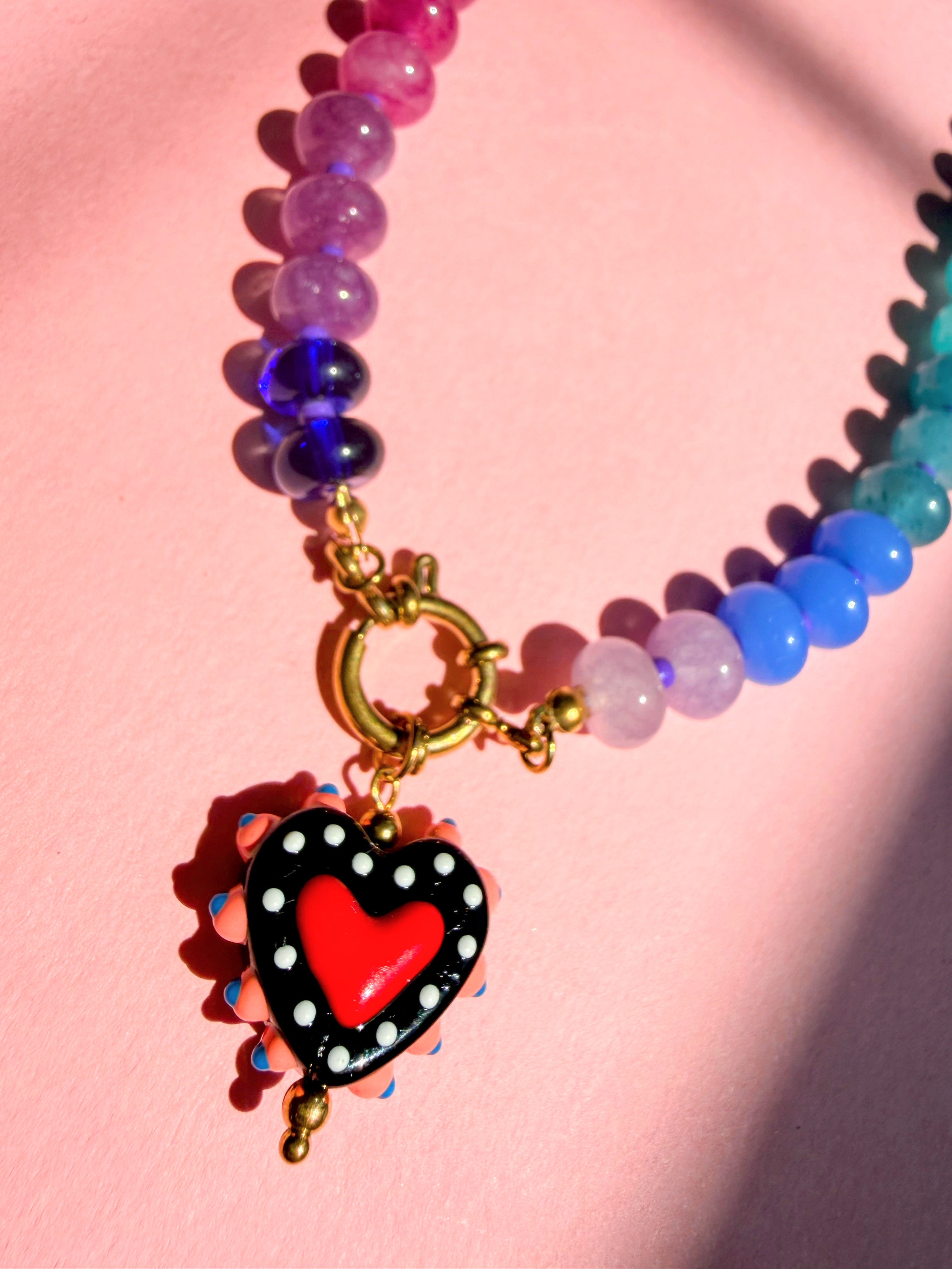 Rainbow Bead Necklace with a Heart Pendant
