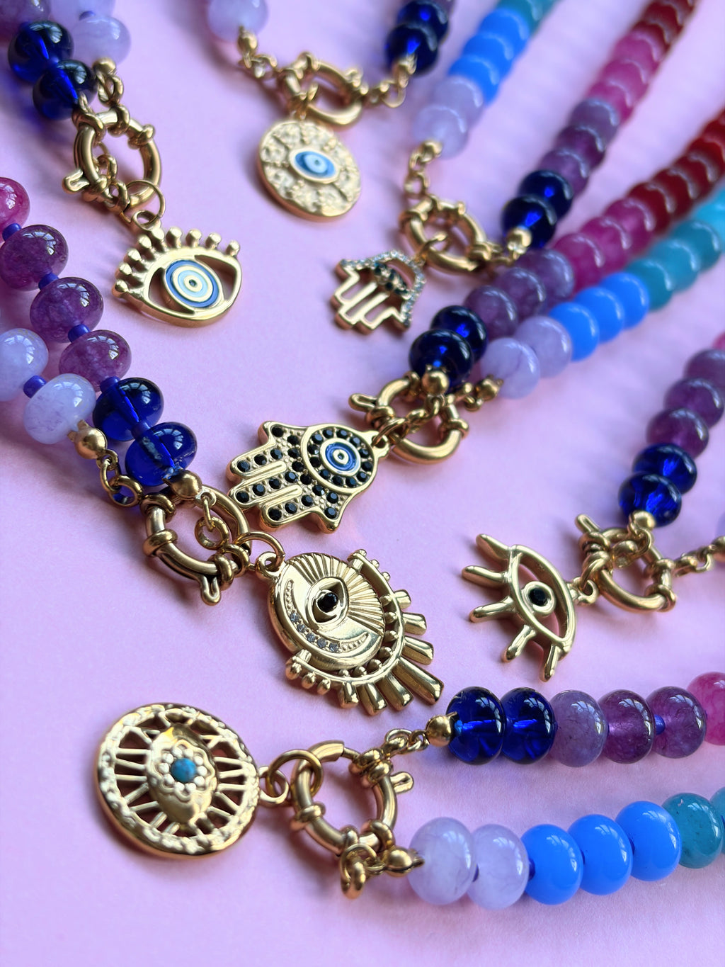 Rainbow Bead Hamza Charm Necklace