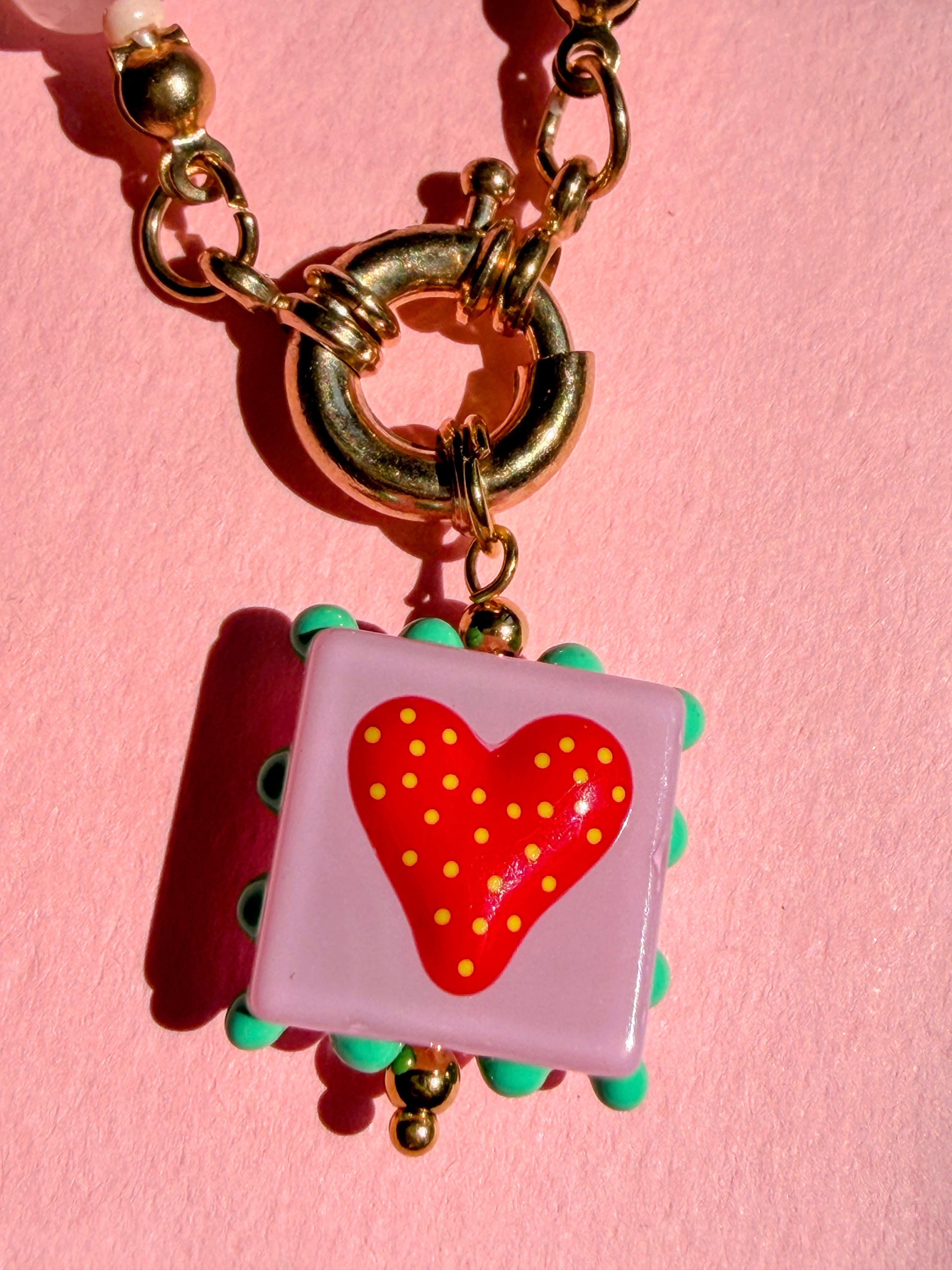 Rainbow Bead Necklace with Strawberry Heart Necklace