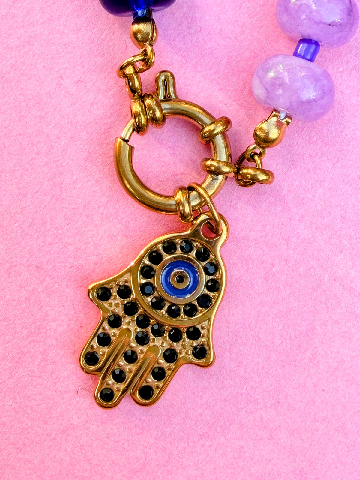 Rainbow Bead Hamza Charm Necklace