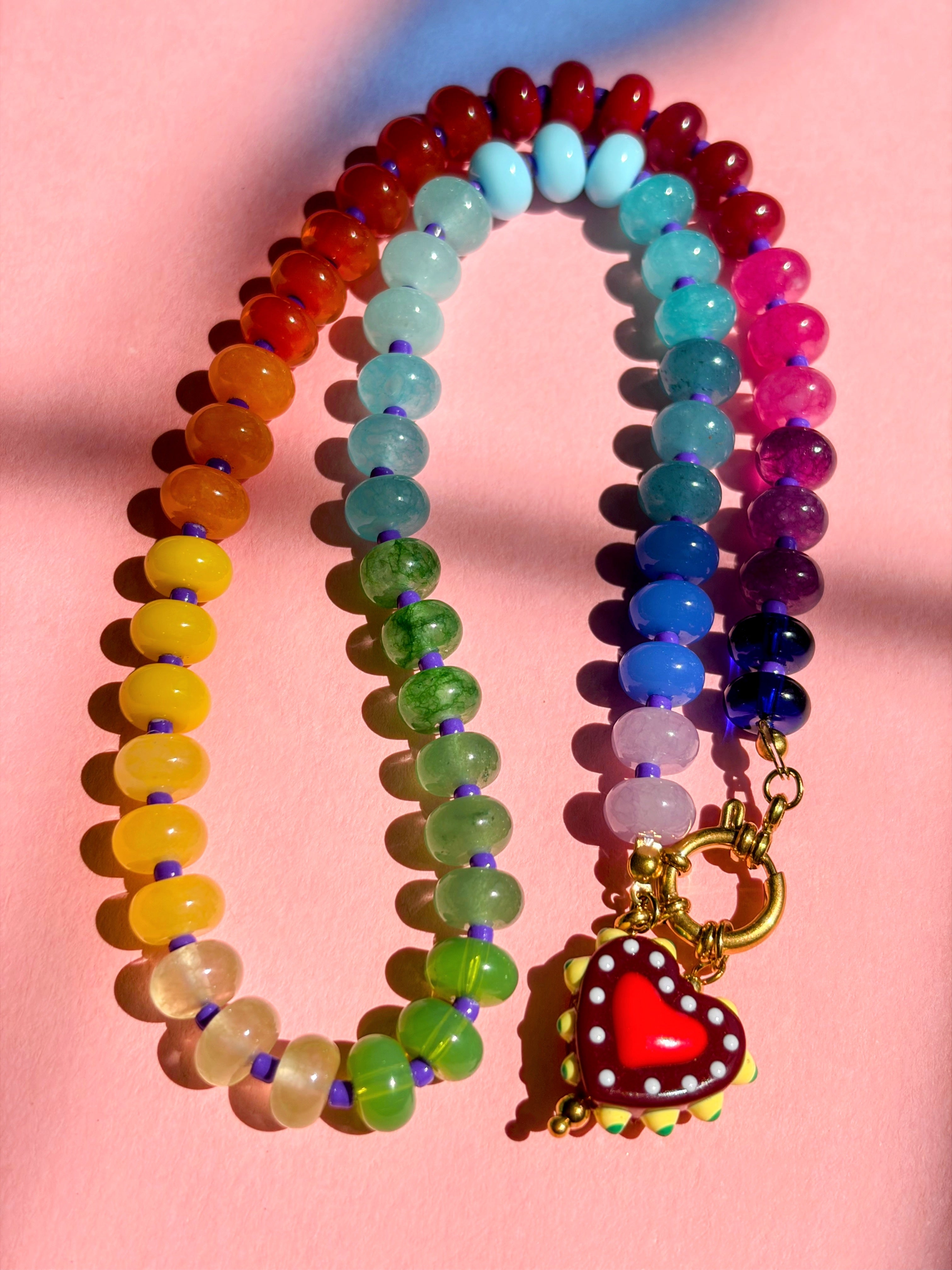 Rainbow Bead Necklace with Heart Pendant