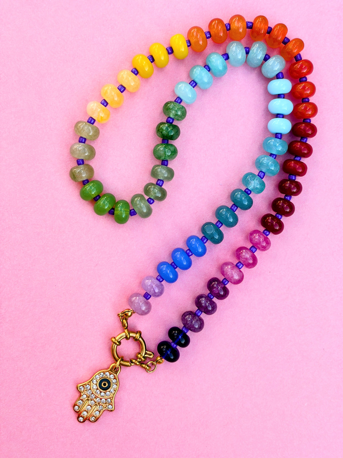 Rainbow Bead Hamza Charm Necklace