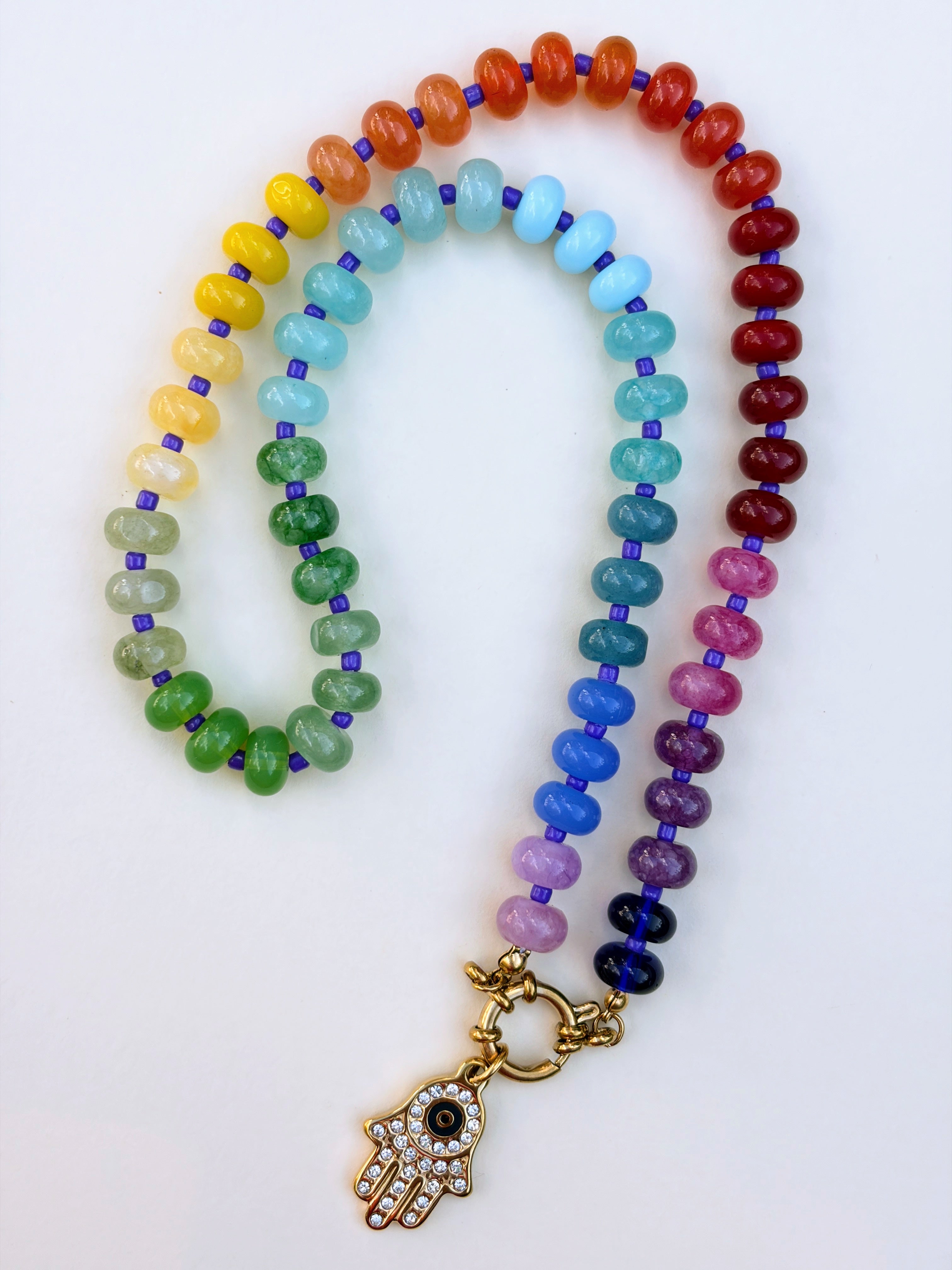 Rainbow Bead Hamza Charm Necklace