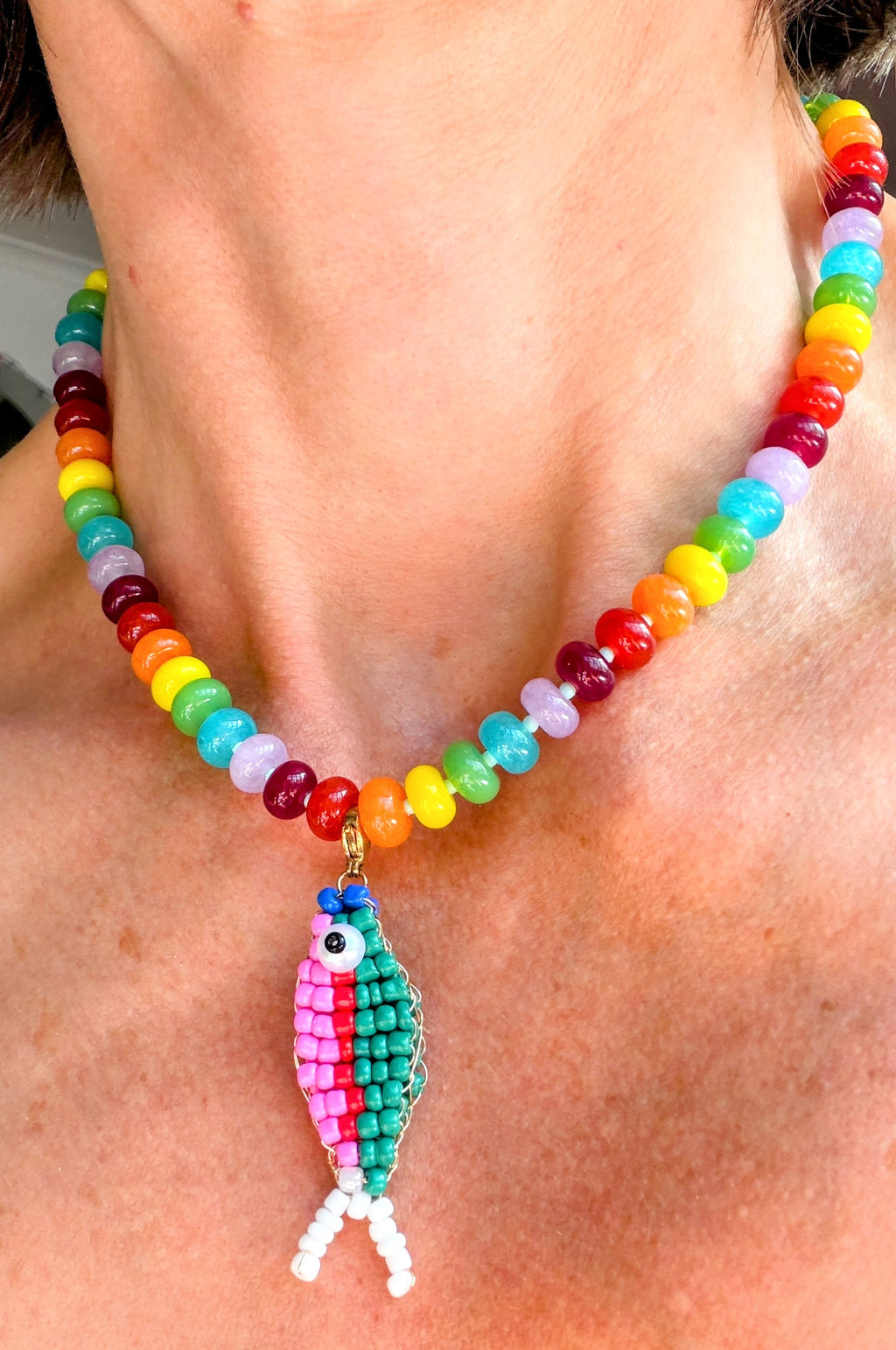 Rainbow Bead Green Catch Necklace