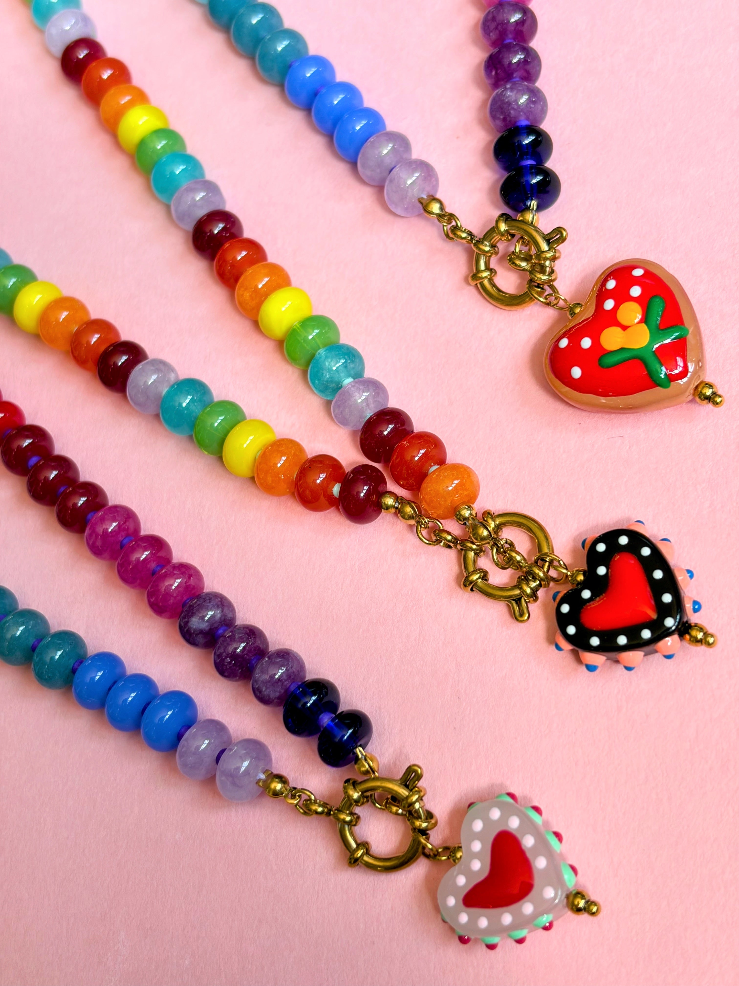 Rainbow Bead Necklace with Pink Heart Pendant