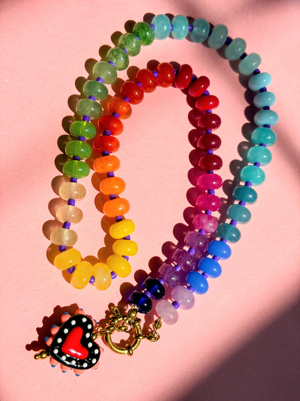 Rainbow Bead Necklace with a Heart Pendant