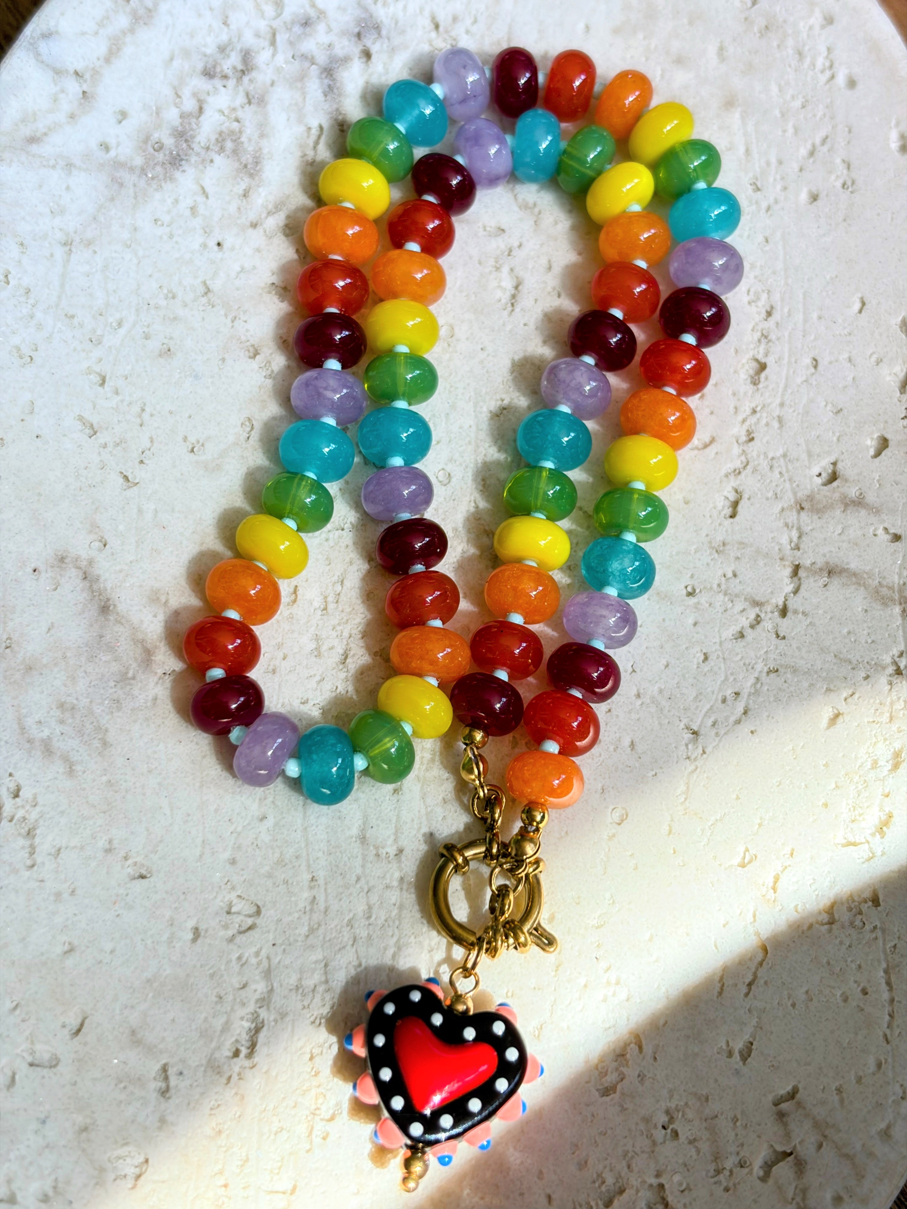 Rainbow Bead Necklace with Red Heart Necklace