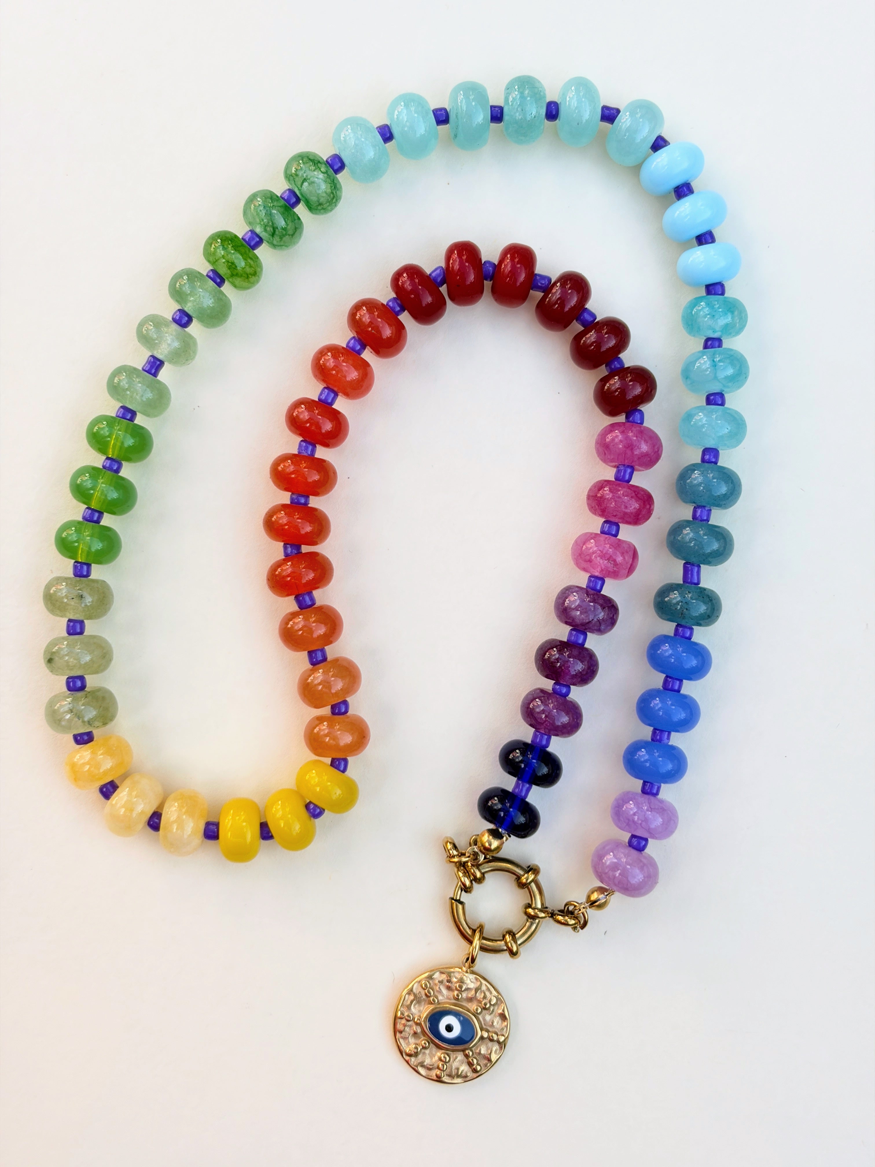Rainbow Bead Hamza Charm Necklace