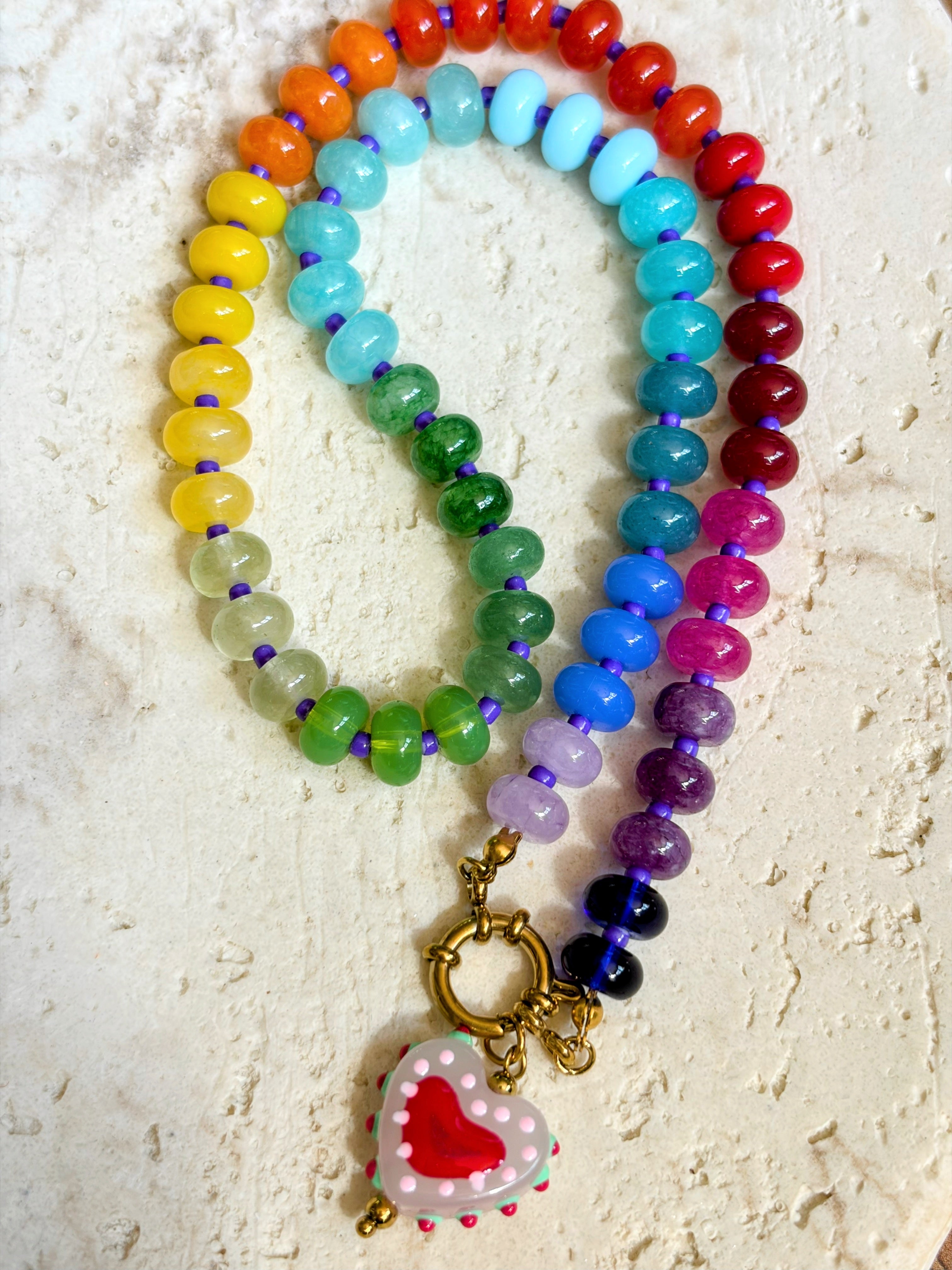 Rainbow Bead Necklace with Pink Heart Pendant