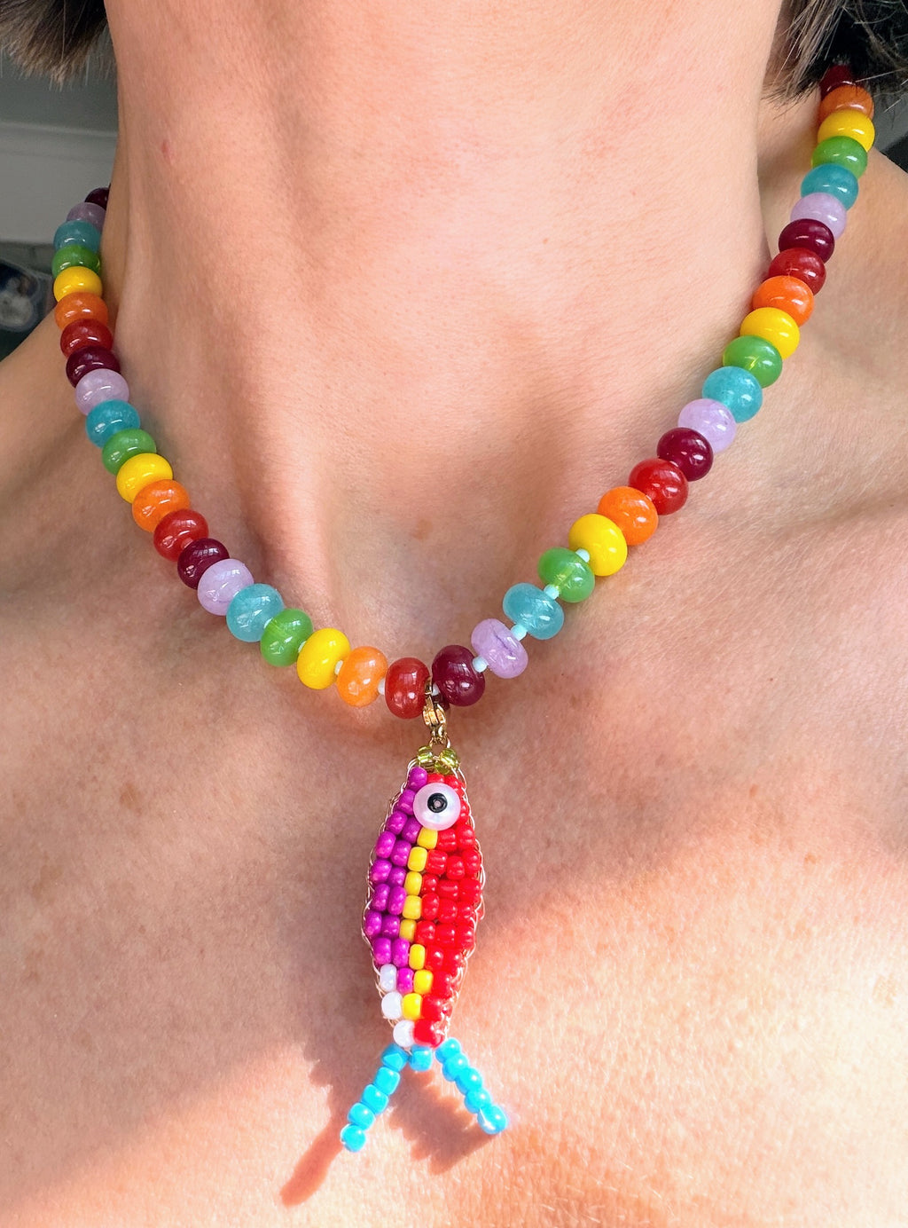 Rainbow Bead and Red Catch Necklace