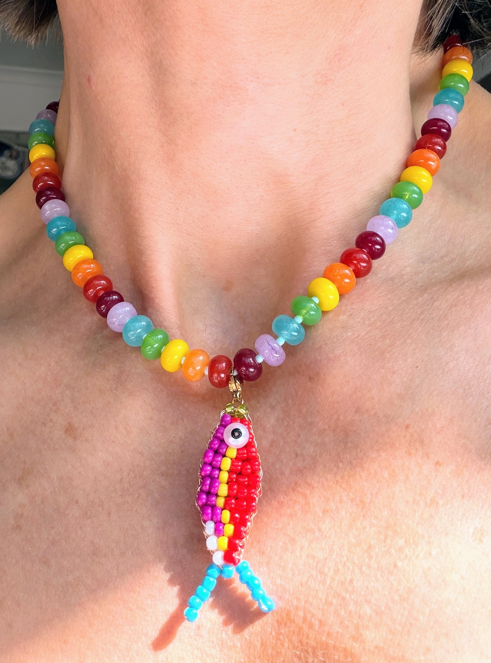 Rainbow Bead and Red Catch Necklace