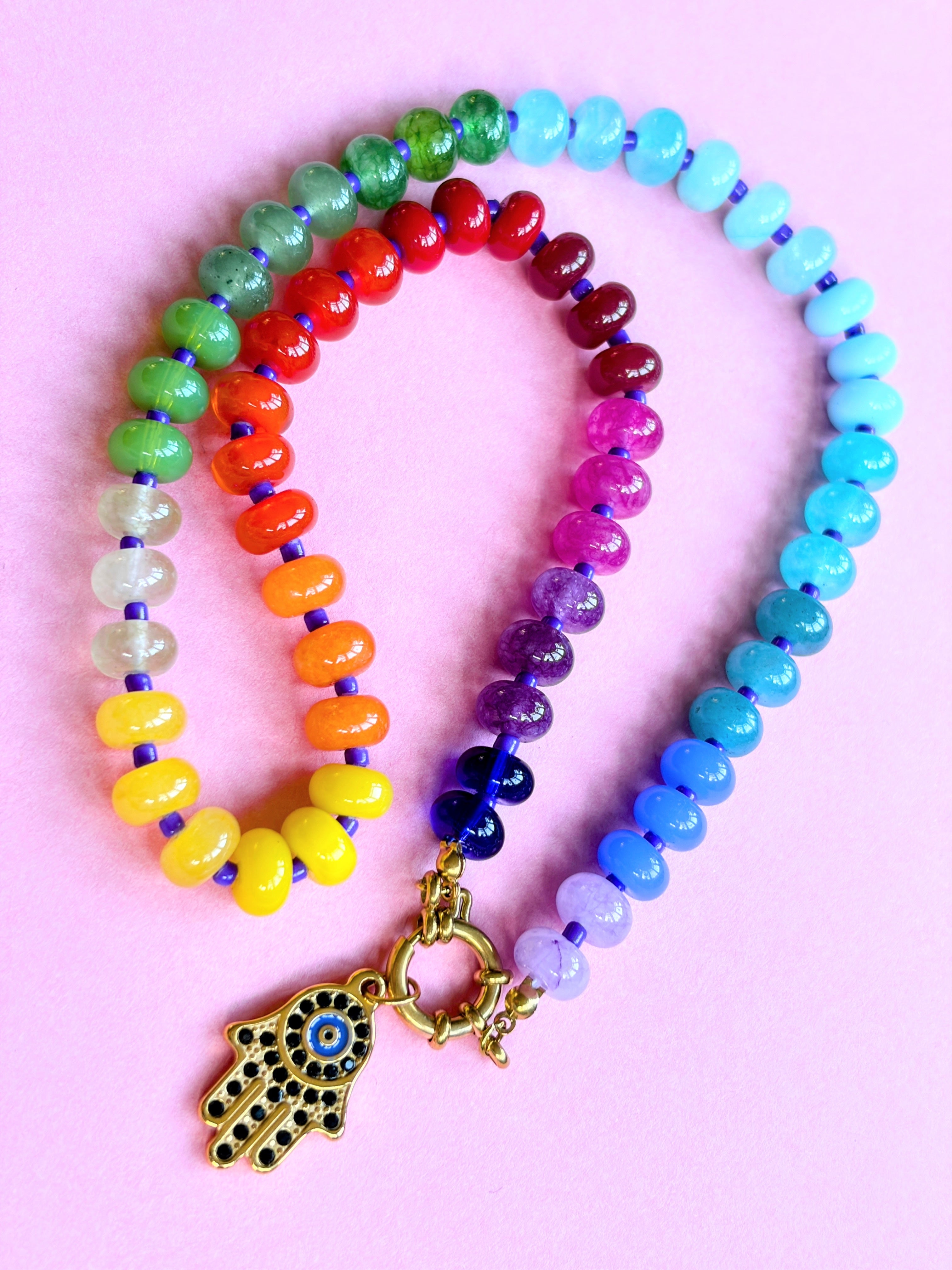 Rainbow Bead Hamza Charm Necklace