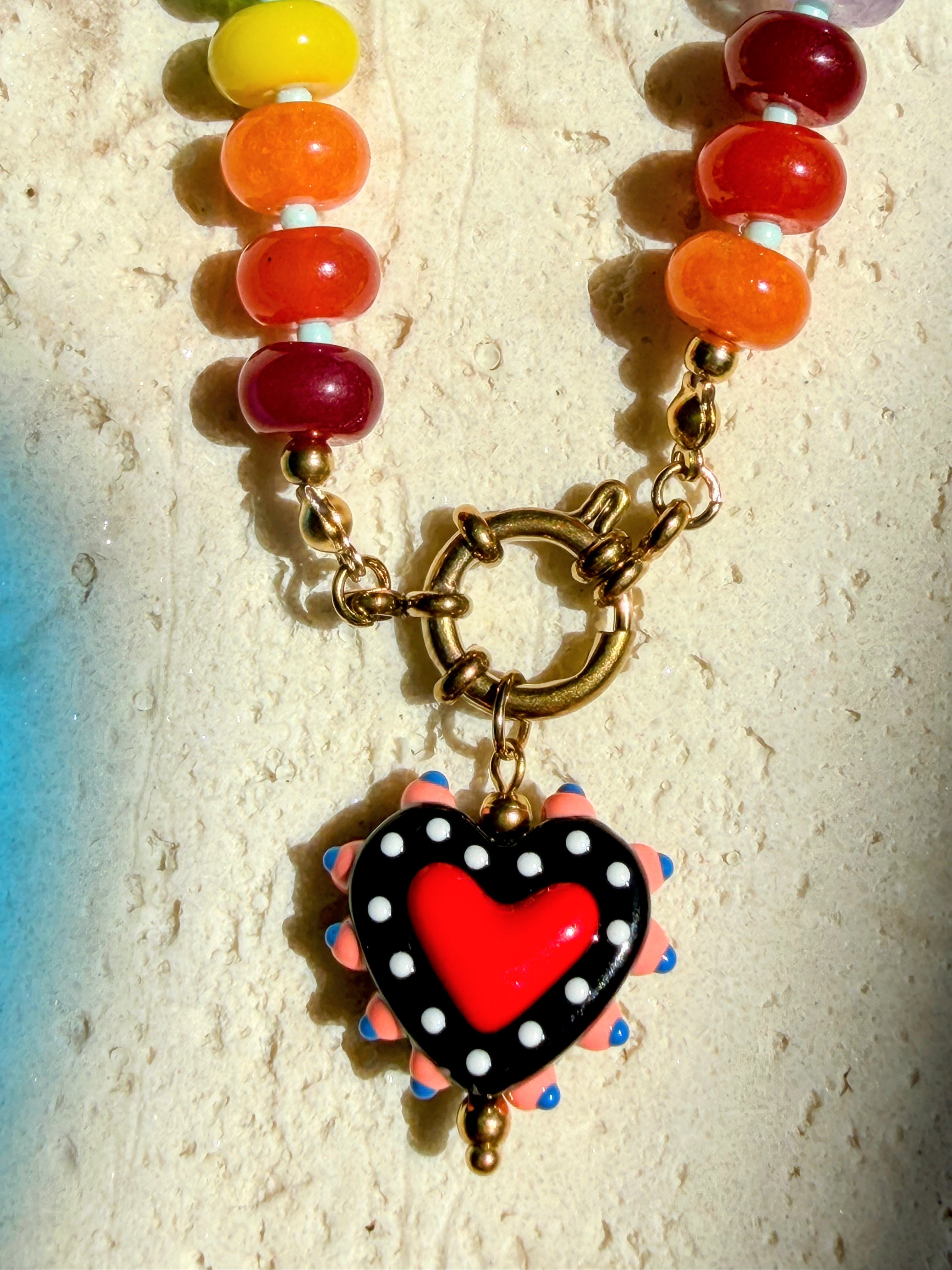 Rainbow Bead Necklace with Red Heart Necklace
