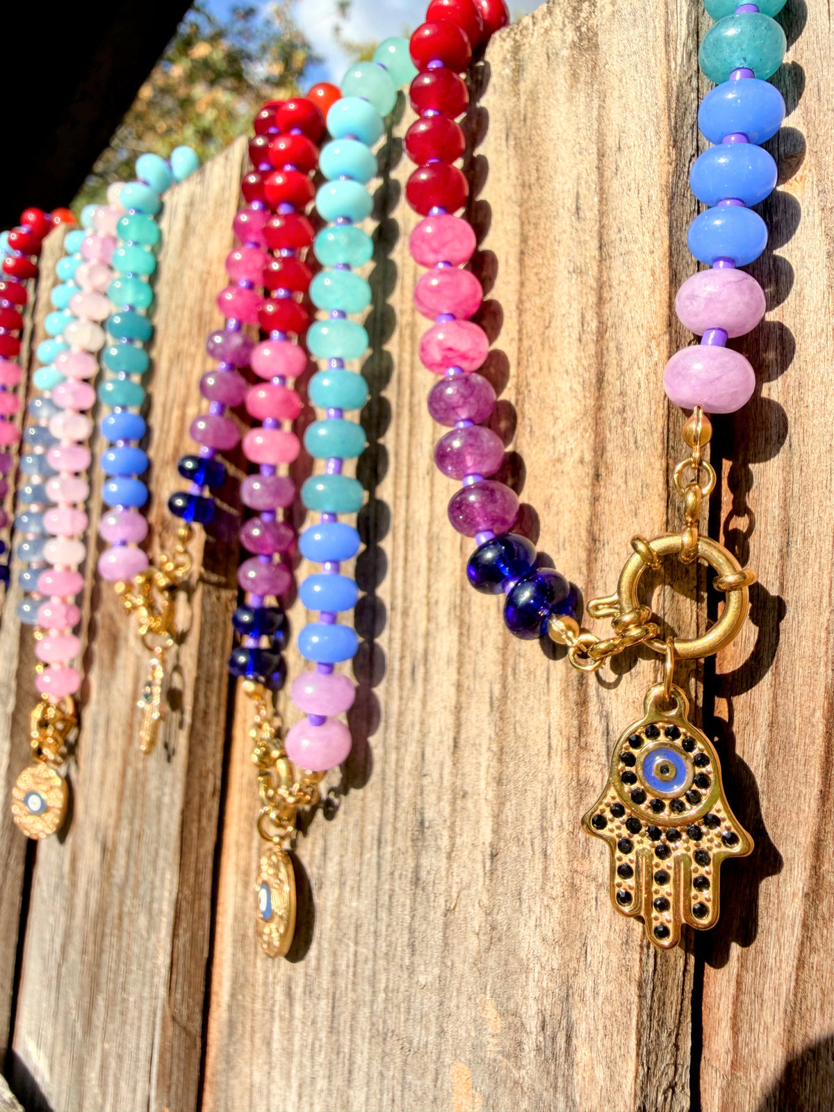Rainbow Bead Hamza Charm Necklace