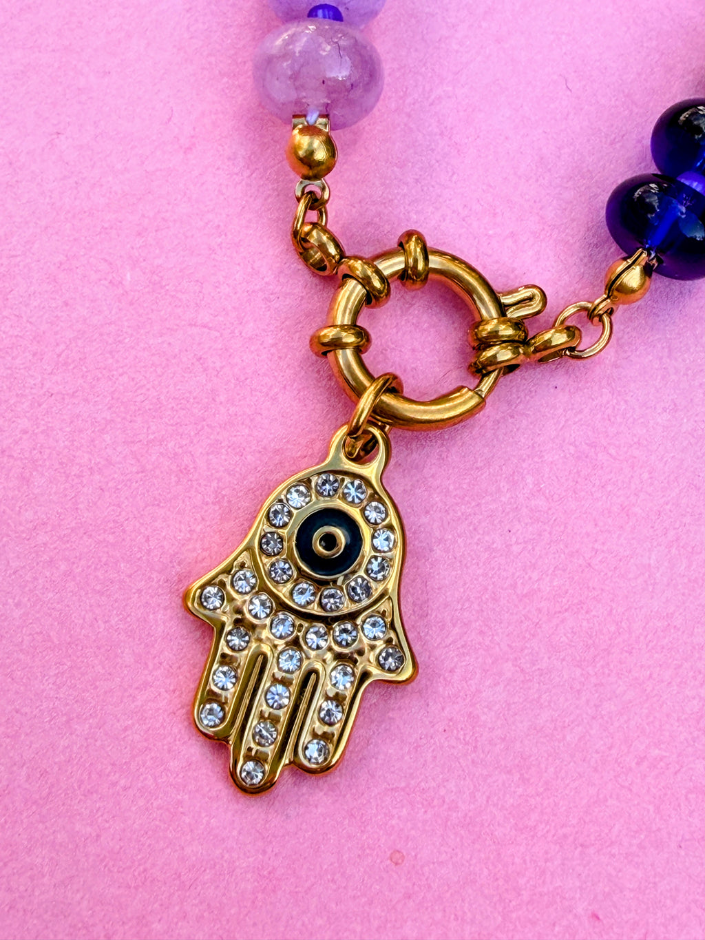 Rainbow Bead Hamza Charm Necklace