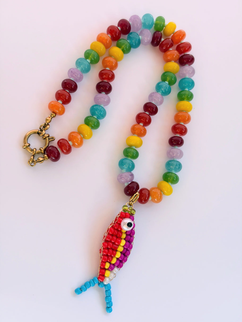 Rainbow Bead and Red Catch Necklace
