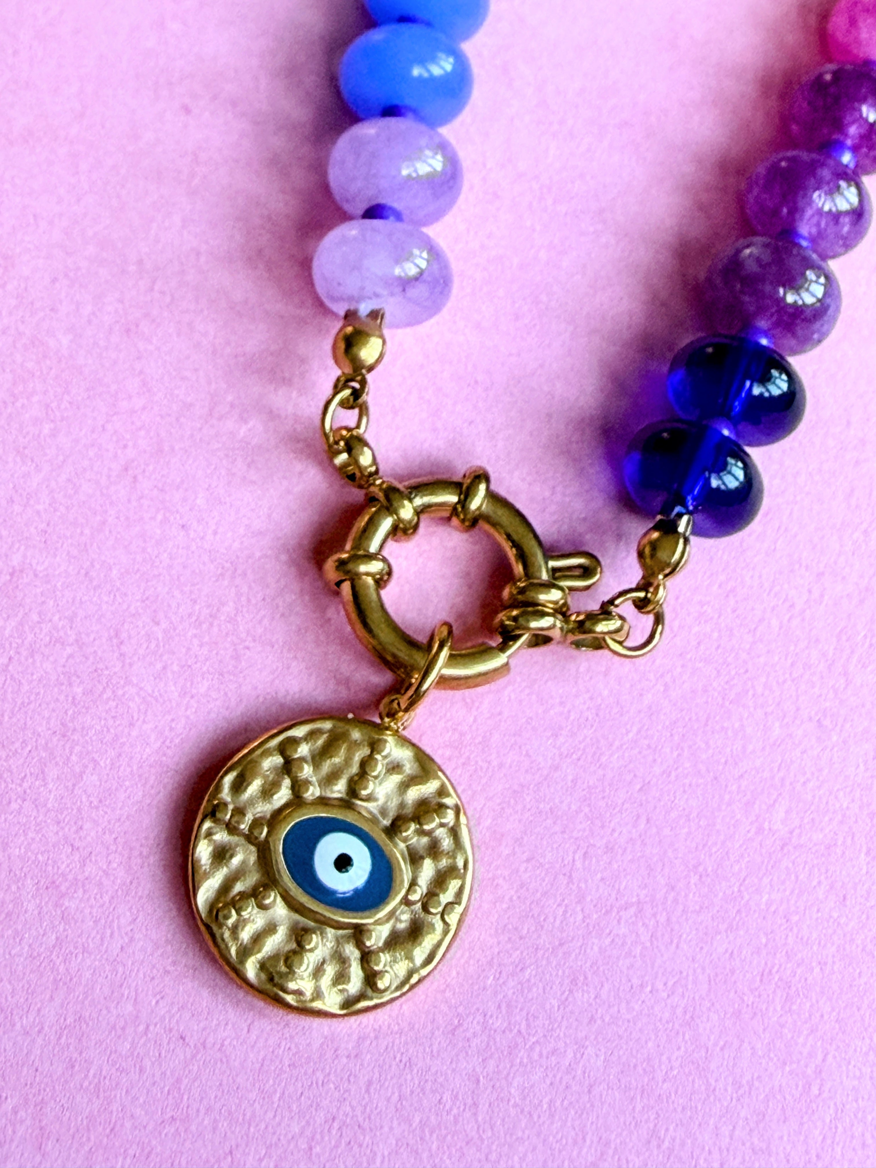 Rainbow Bead Evil Eye Necklace