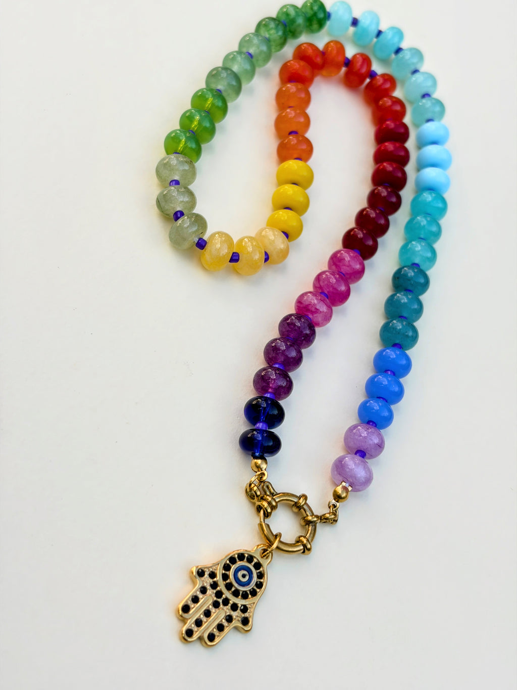 Rainbow Bead Hamza Charm Necklace