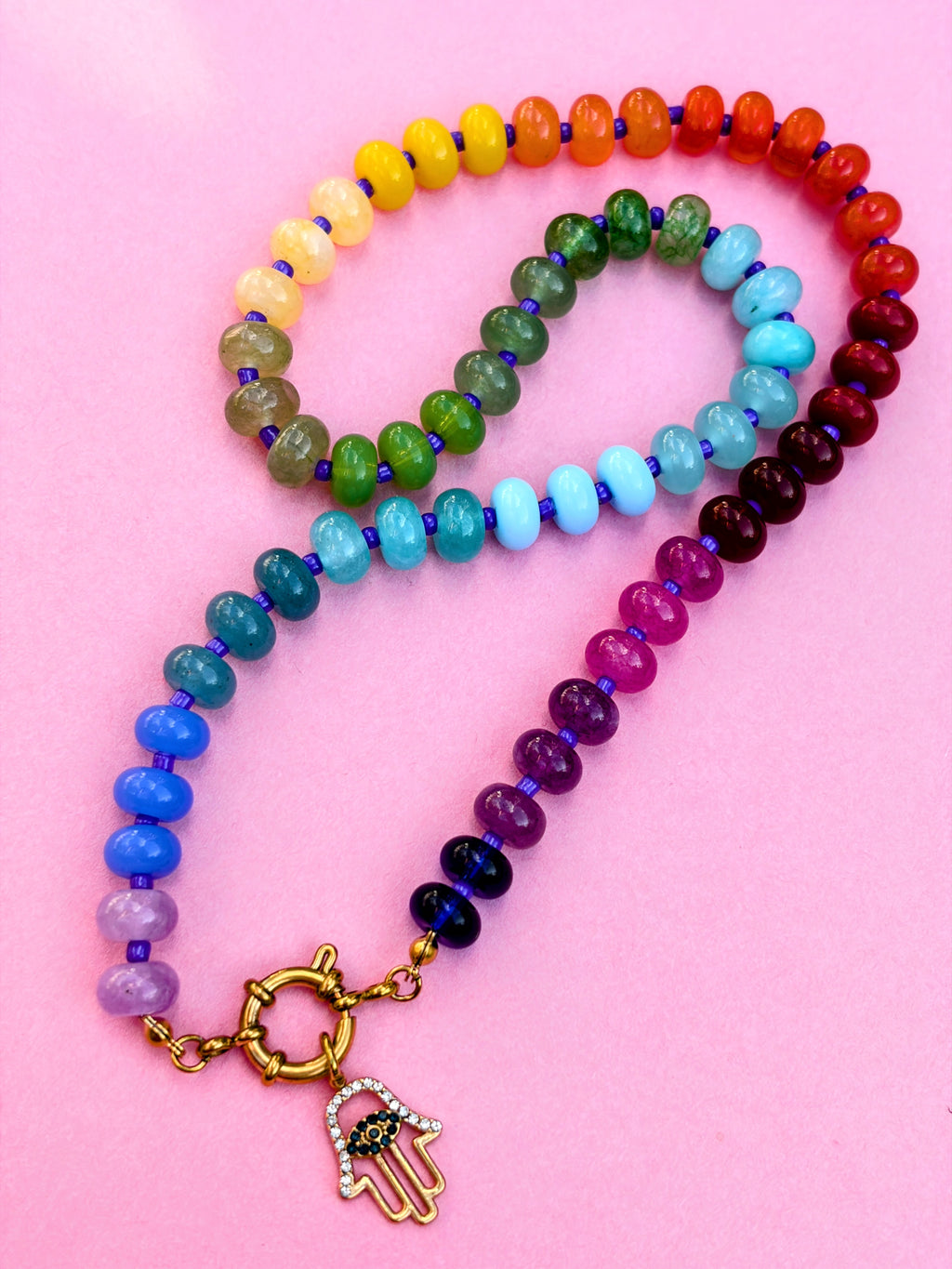 Rainbow Bead Hamza Charm Necklace