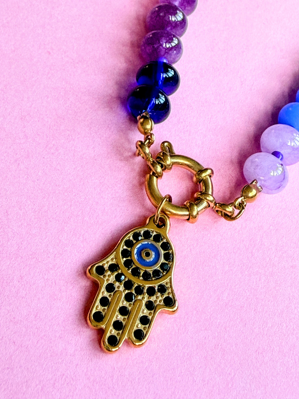 Rainbow Bead Hamza Charm Necklace
