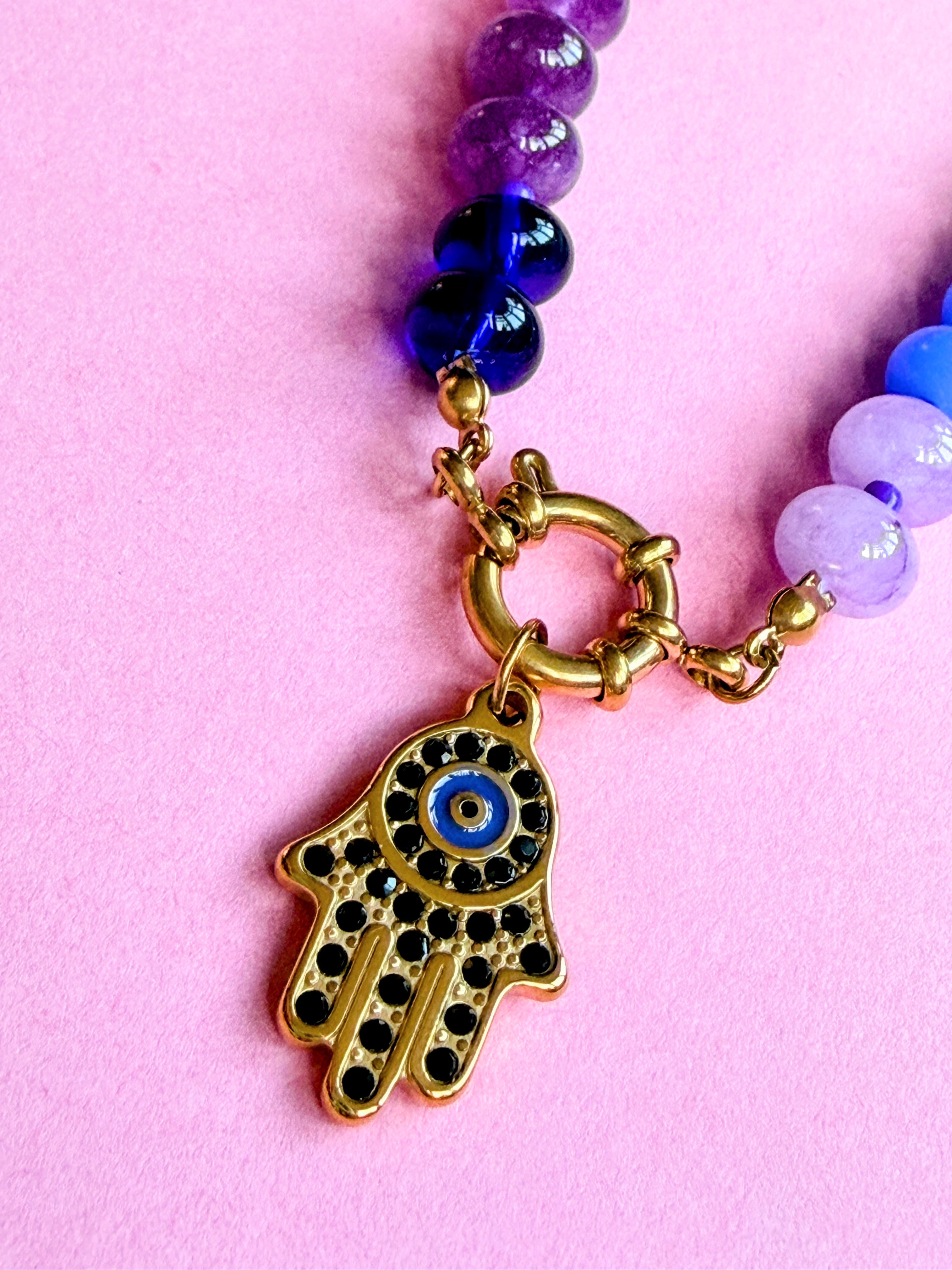 Rainbow Bead Hamza Charm Necklace