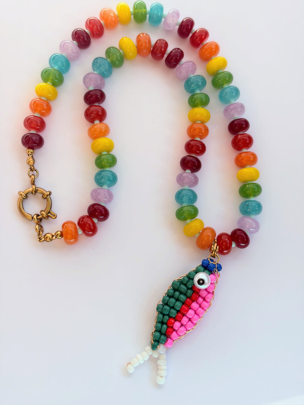 Rainbow Bead Green Catch Necklace