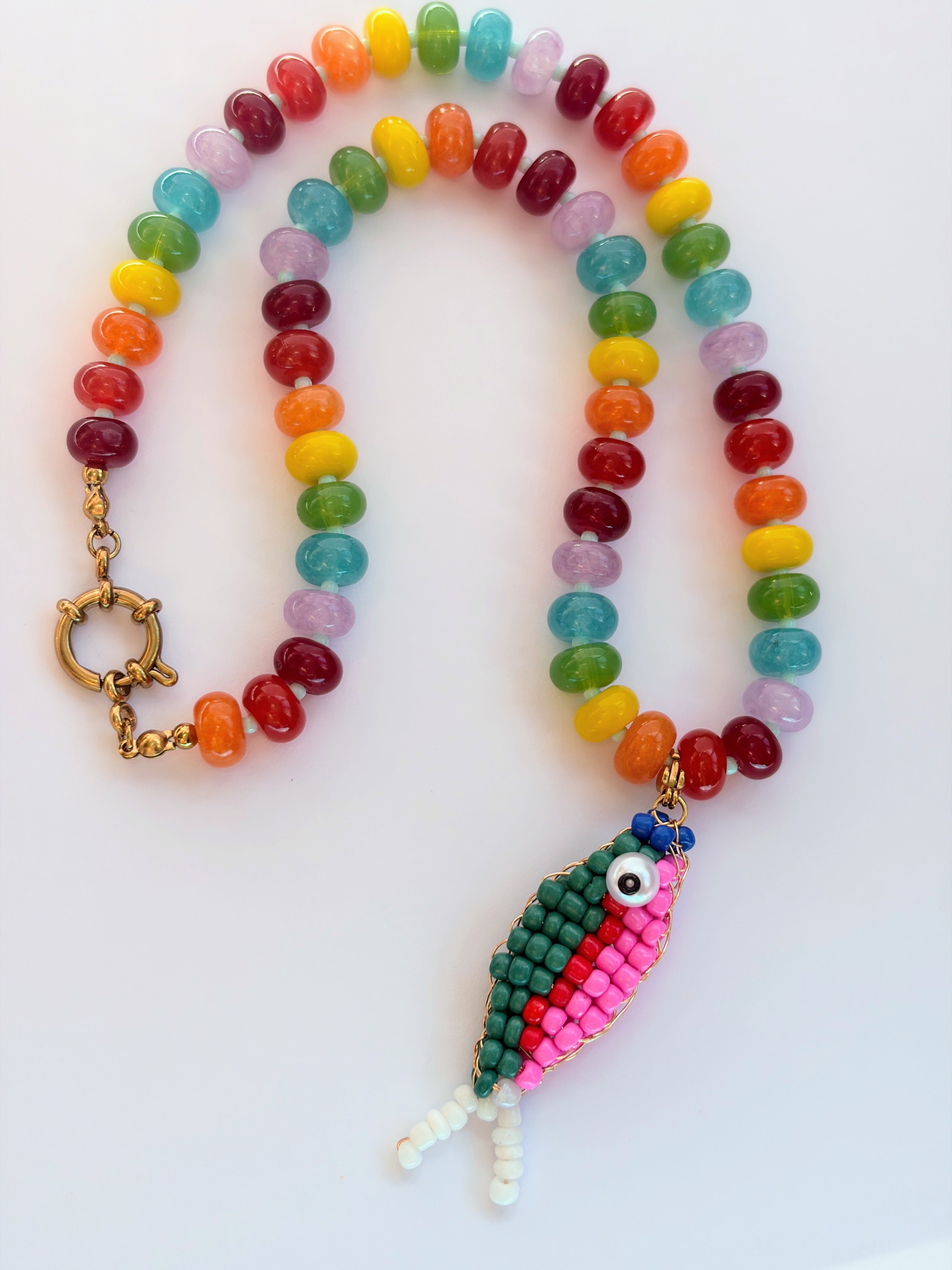 Rainbow Bead Green Catch Necklace