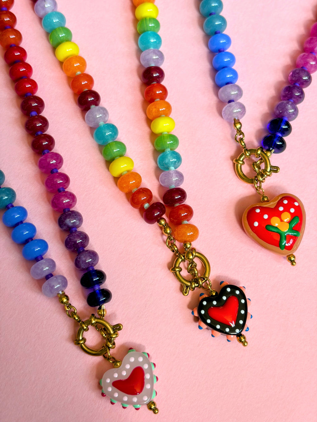 Rainbow Bead Necklace with Flower Heart Necklace