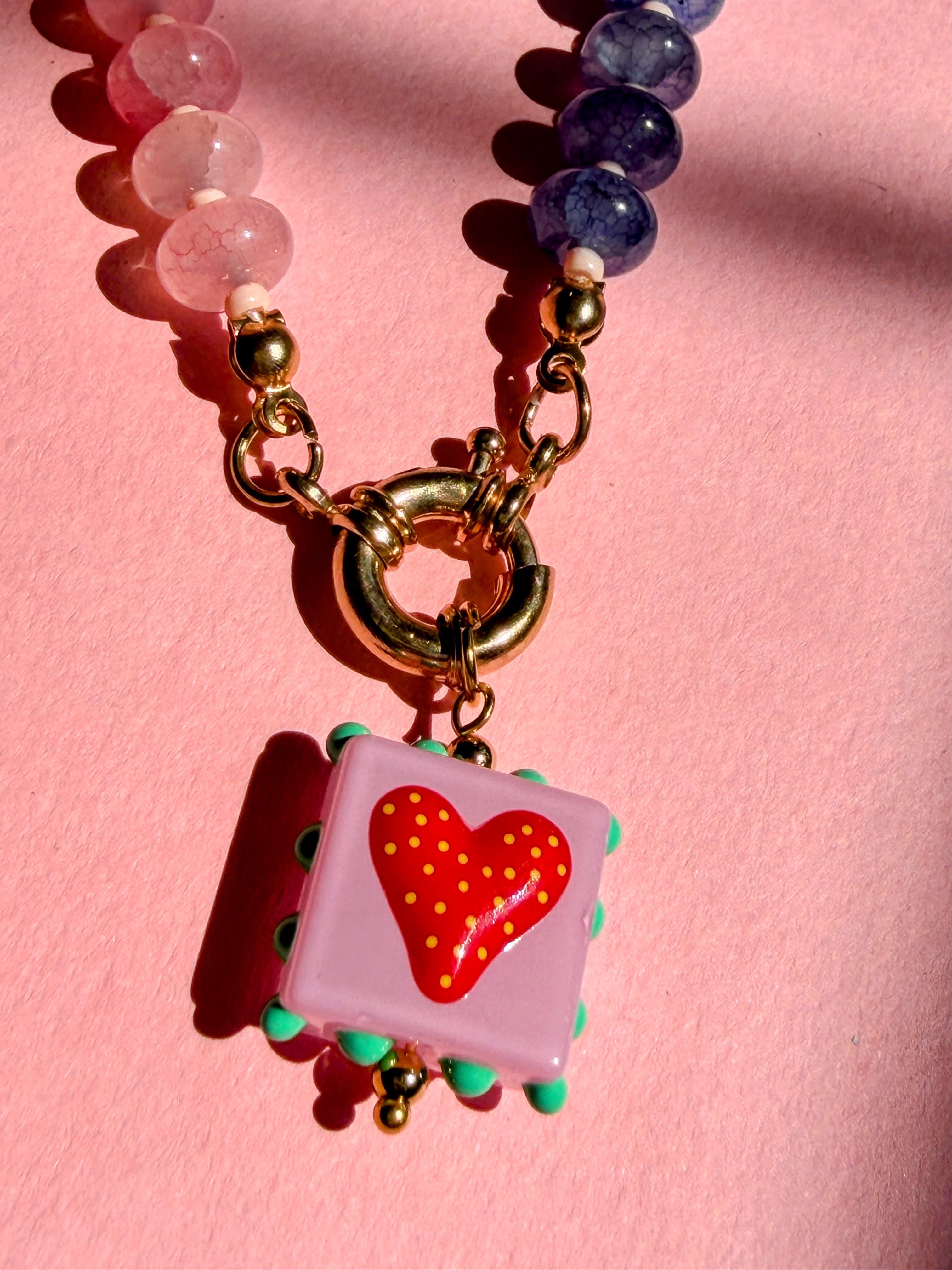 Rainbow Bead Necklace with Strawberry Heart Necklace