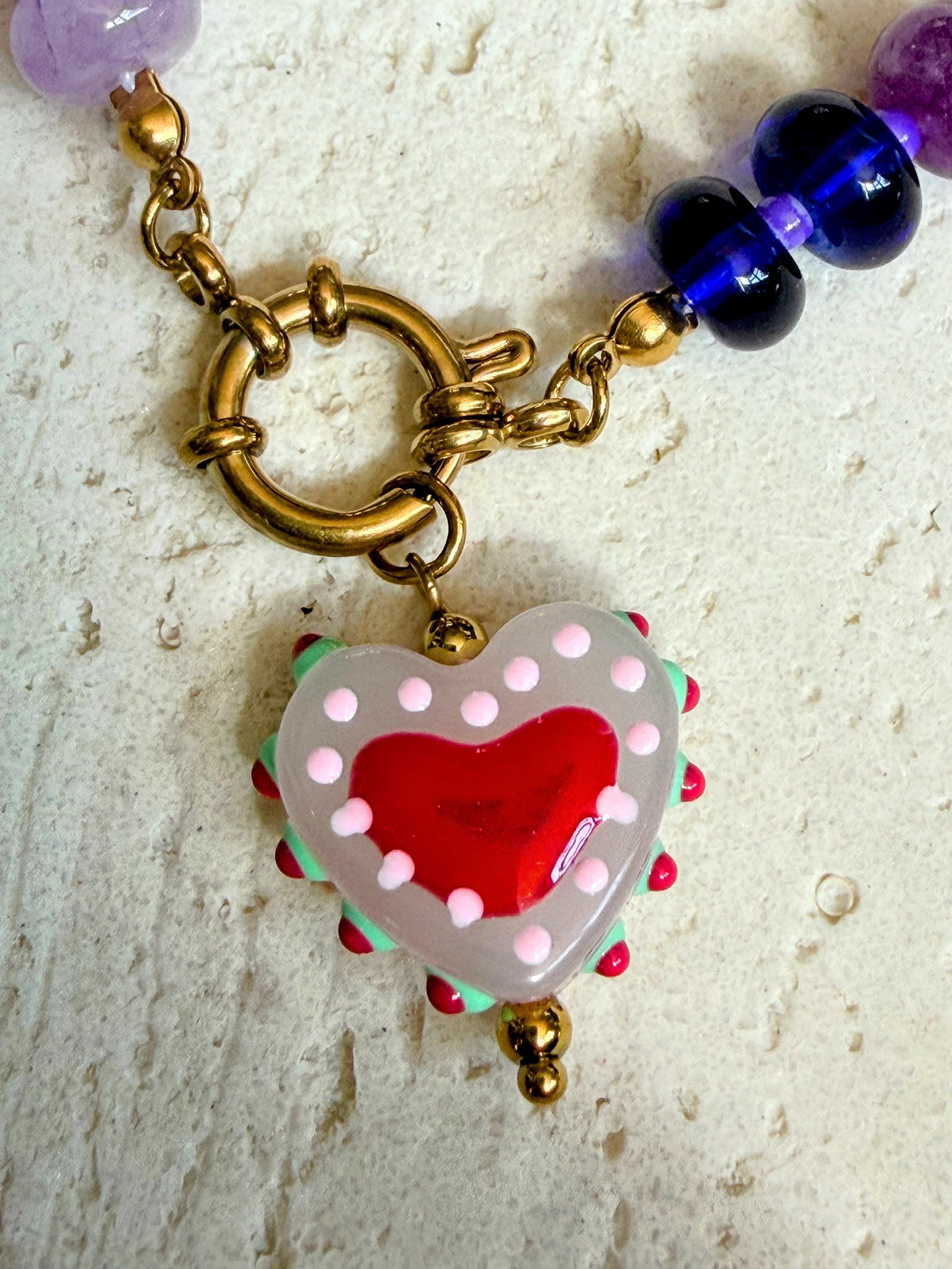 Rainbow Bead Necklace with Pink Heart Pendant