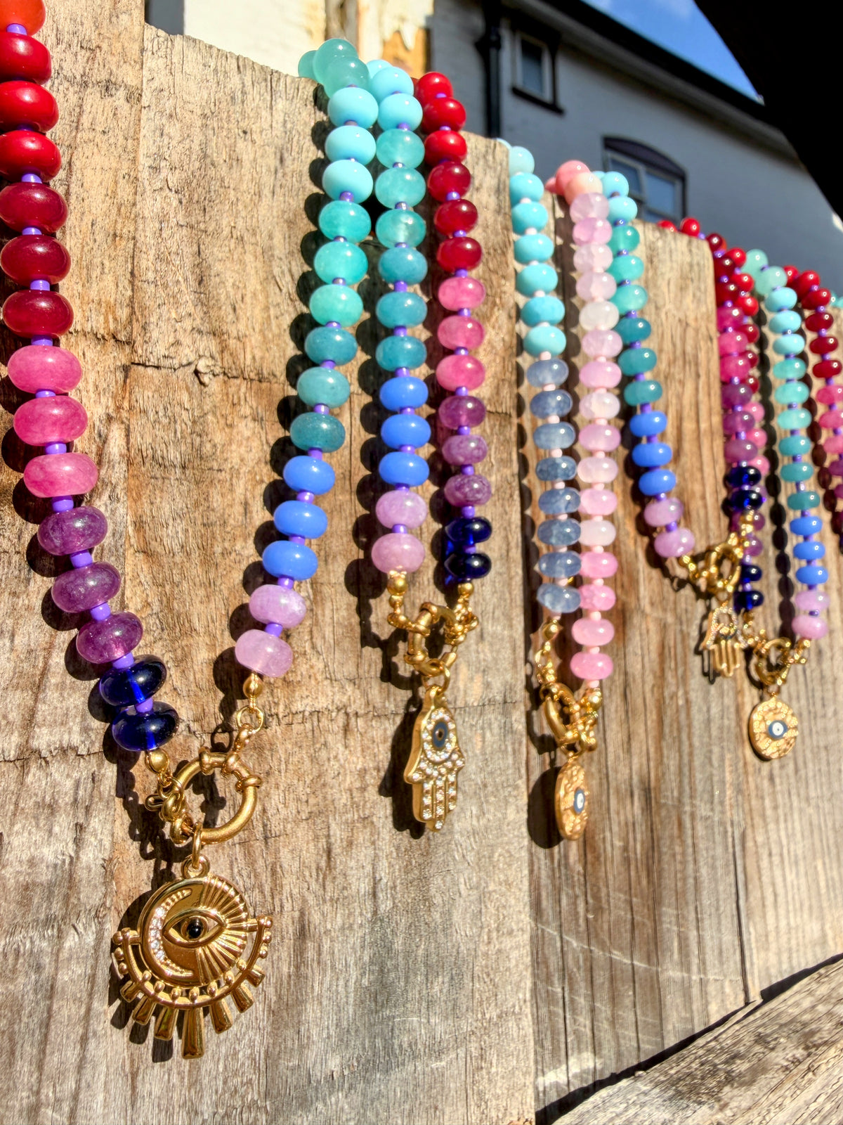 Rainbow Bead Hamza Charm Necklace