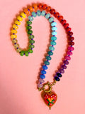 Rainbow Bead Necklace with Flower Heart Necklace